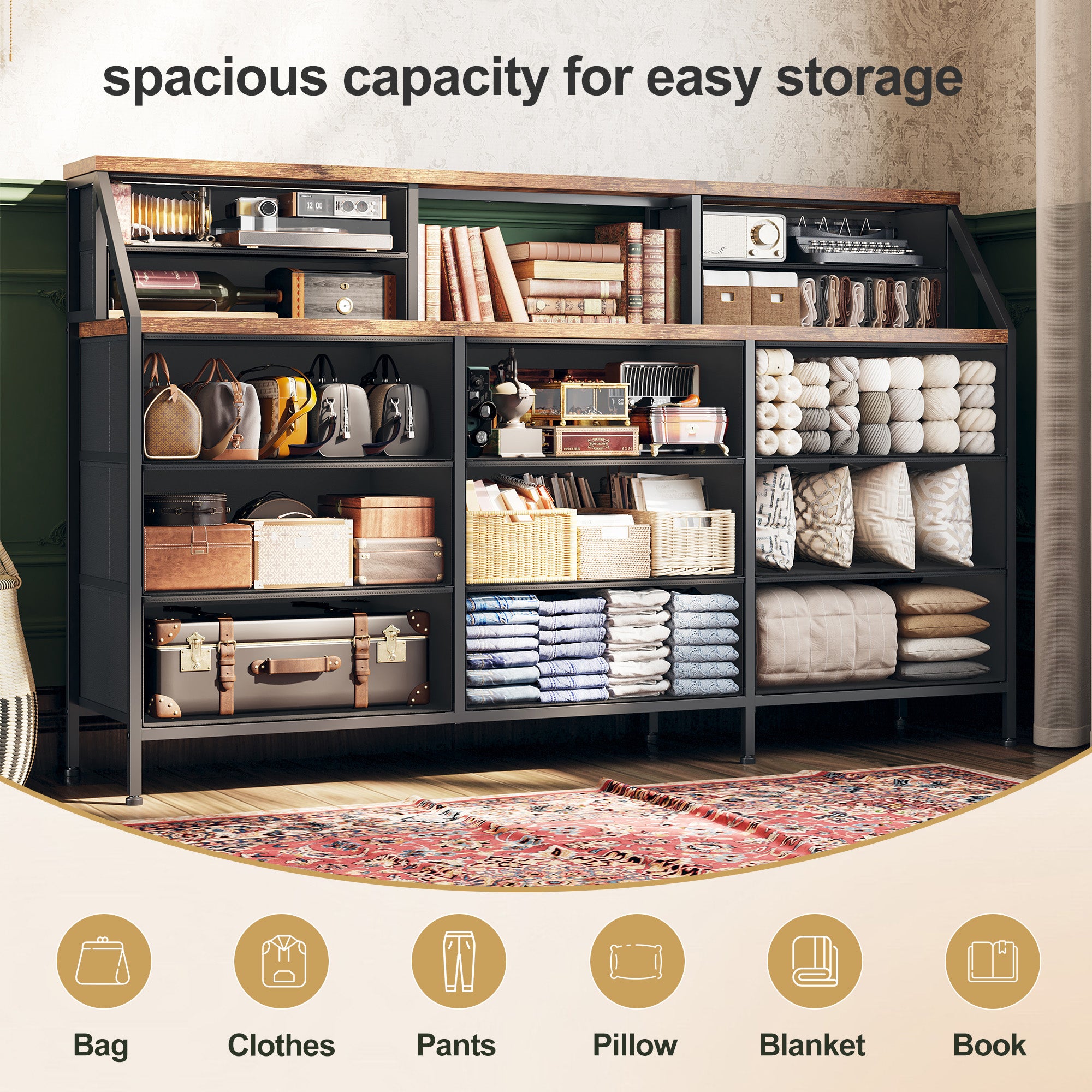 Girls Dresser Organizer: 55"W Dresser with 13 Fabric Drawers and 2 Open Shelves, Metal Frame & Wooden Top for Bedroom/Closet