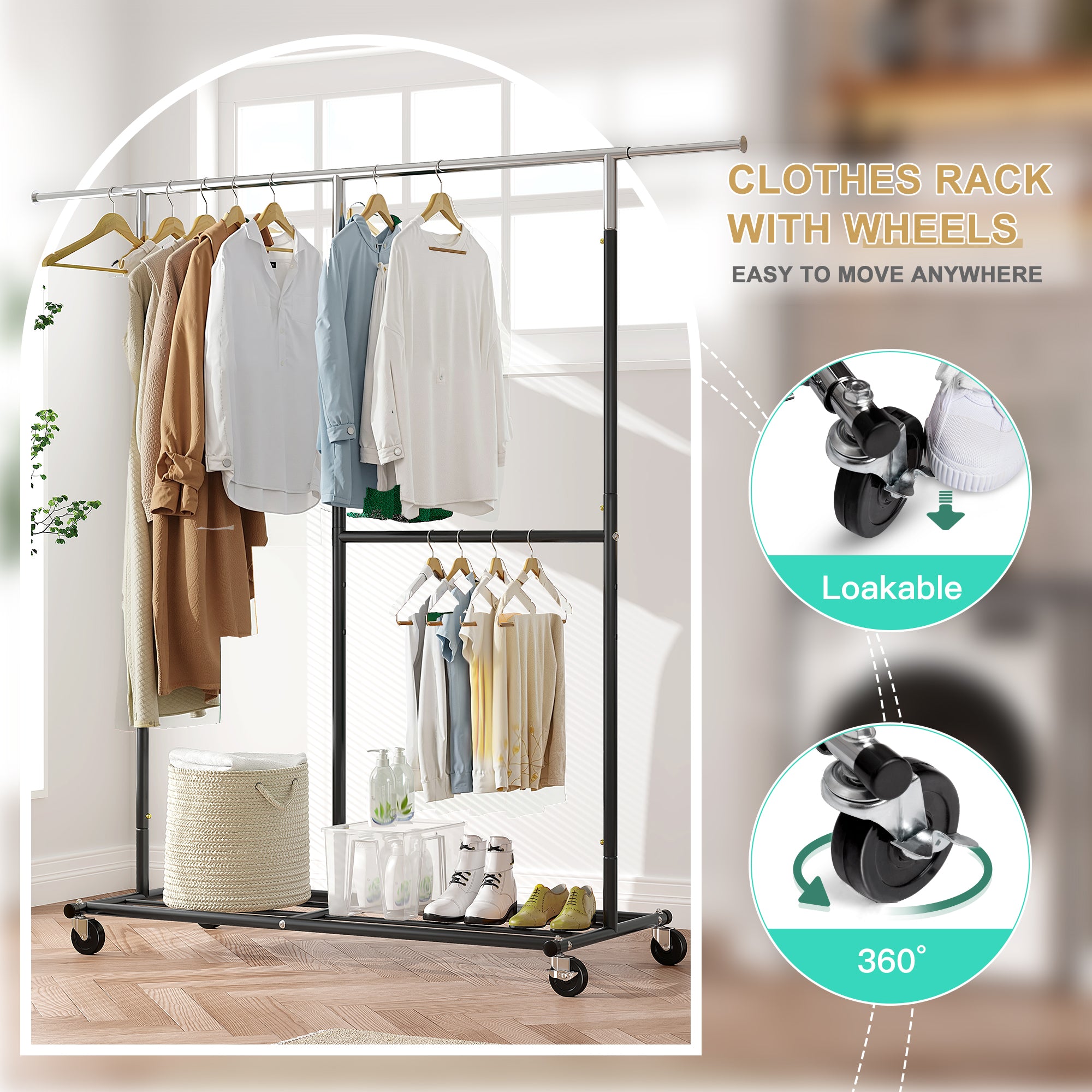Snhomee 450 lbs Garment Rack with Wheels, Commercial Clothes Rack for Hanging-Home Storage > Clothes Rack-Gold-(45.3"-69.1")W x 17.8"D x 72"H-snhomee