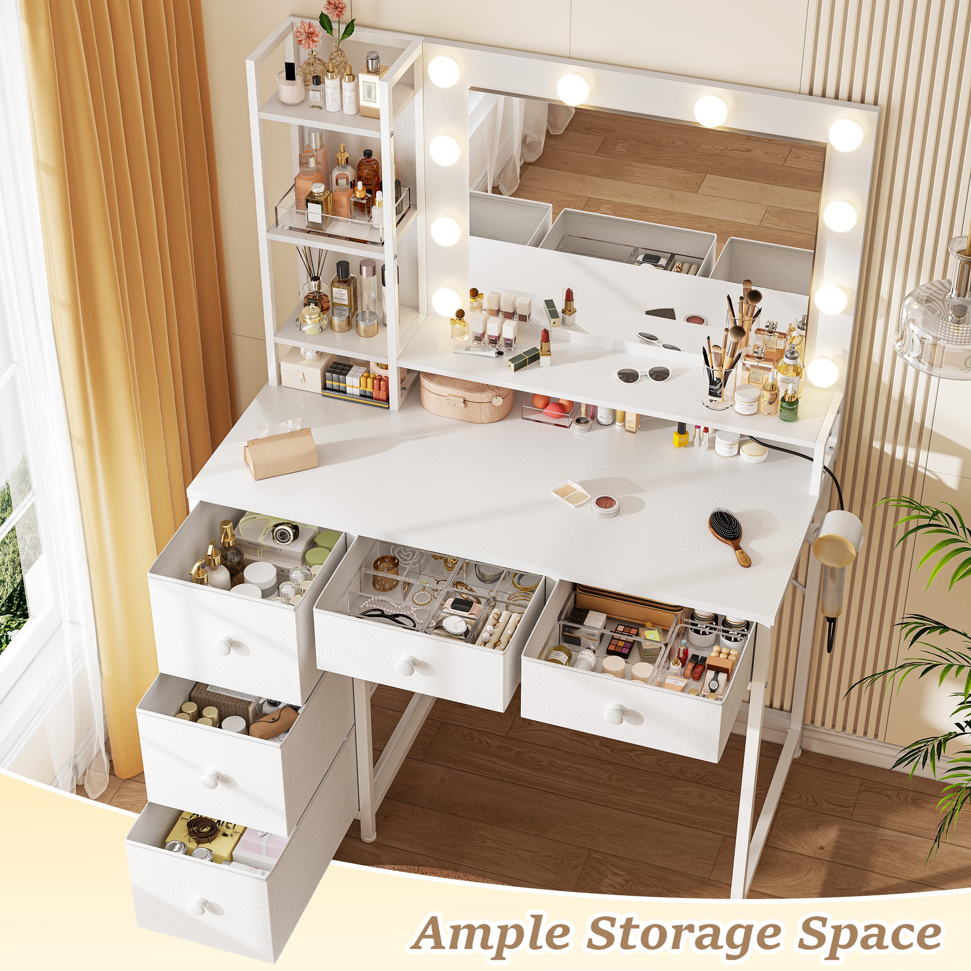 LED Vanity Desk with Mirror, 5 Drawers & Power Outlet - 3 Light Modes, Adjustable Brightness Dressing Table