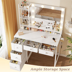 LED Vanity Desk with Mirror, 5 Drawers & Power Outlet - 3 Light Modes, Adjustable Brightness Dressing Table