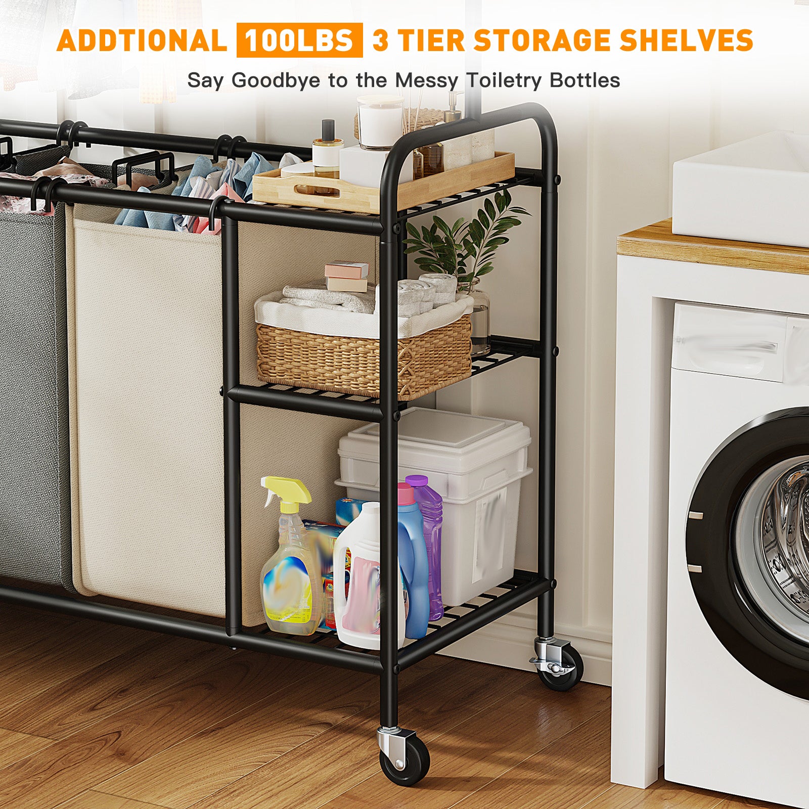 Snhomee 200L Rolling Laundry Sorter with Hanging Bar & 3 Bags - Wheeled Hamper Organizer