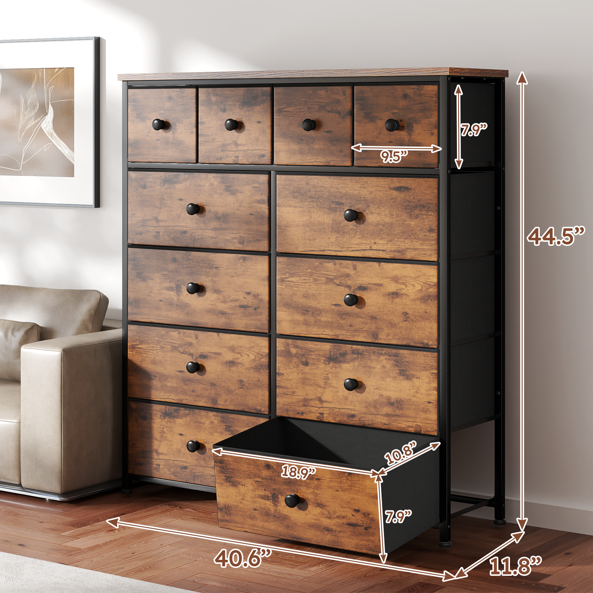 Snhomee 12-Drawer Tall Dresser for Bedroom  - Fabric & Metal Storage Organizer with Wood Top, Anti-Tip Design, Space-Saving, Closet, Entryway, Dorm Furniture, Back to school