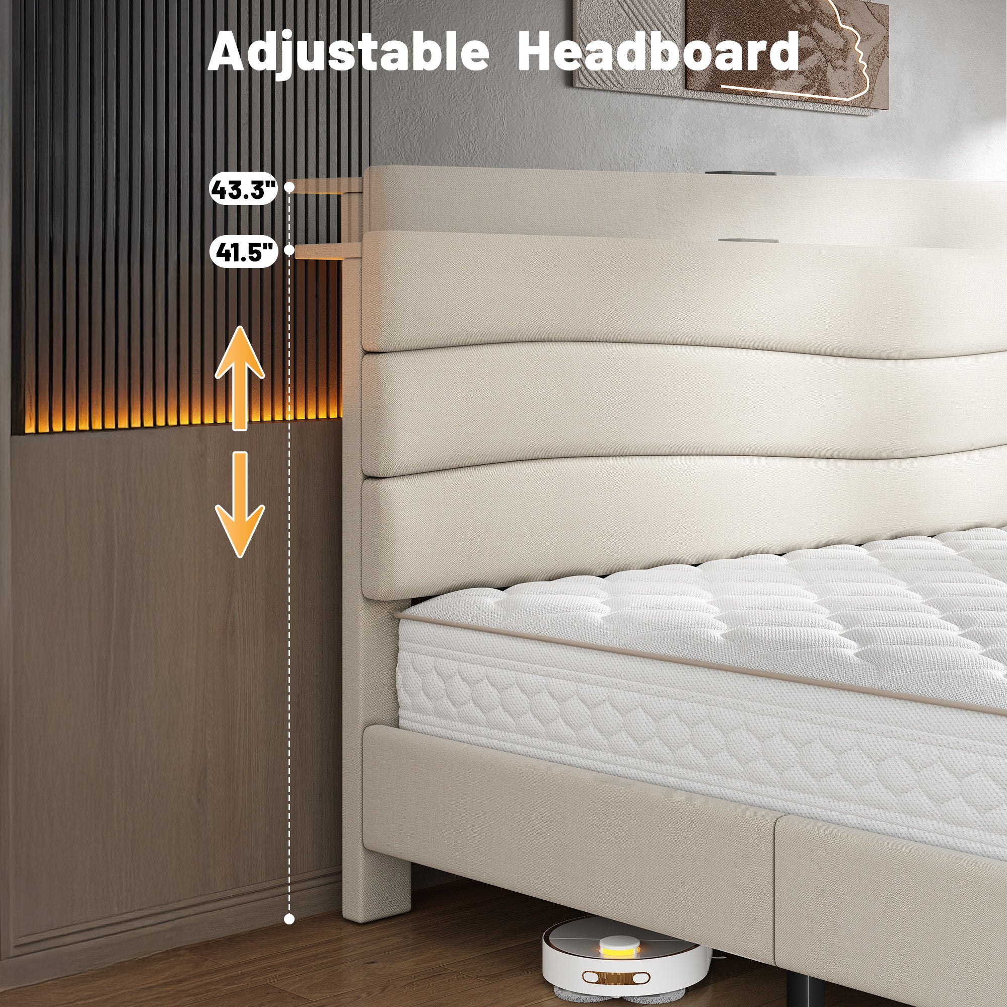 SnHomee Upholstered Bed Frame with Storage Headboard & Charging Station - USB Ports, Adjustable Fabric Headboard, Noise-Free Design, No Box Spring Needed, Back to School Beds On Sale