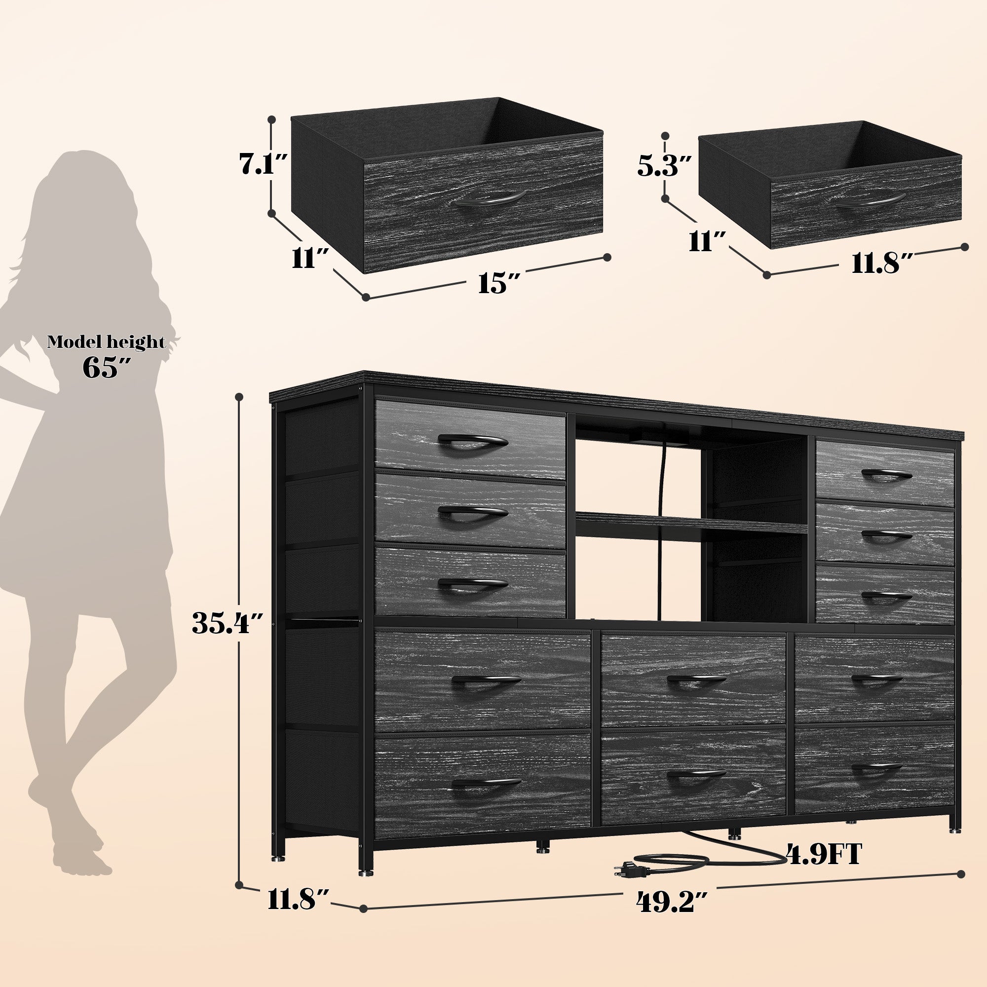 Snhomee 12-Drawer LED Dresser with USB Outlets - 60'' TV Stand for Bedroom & Living Room, Metal Frame Storage Cabinet 49''W x 35''H