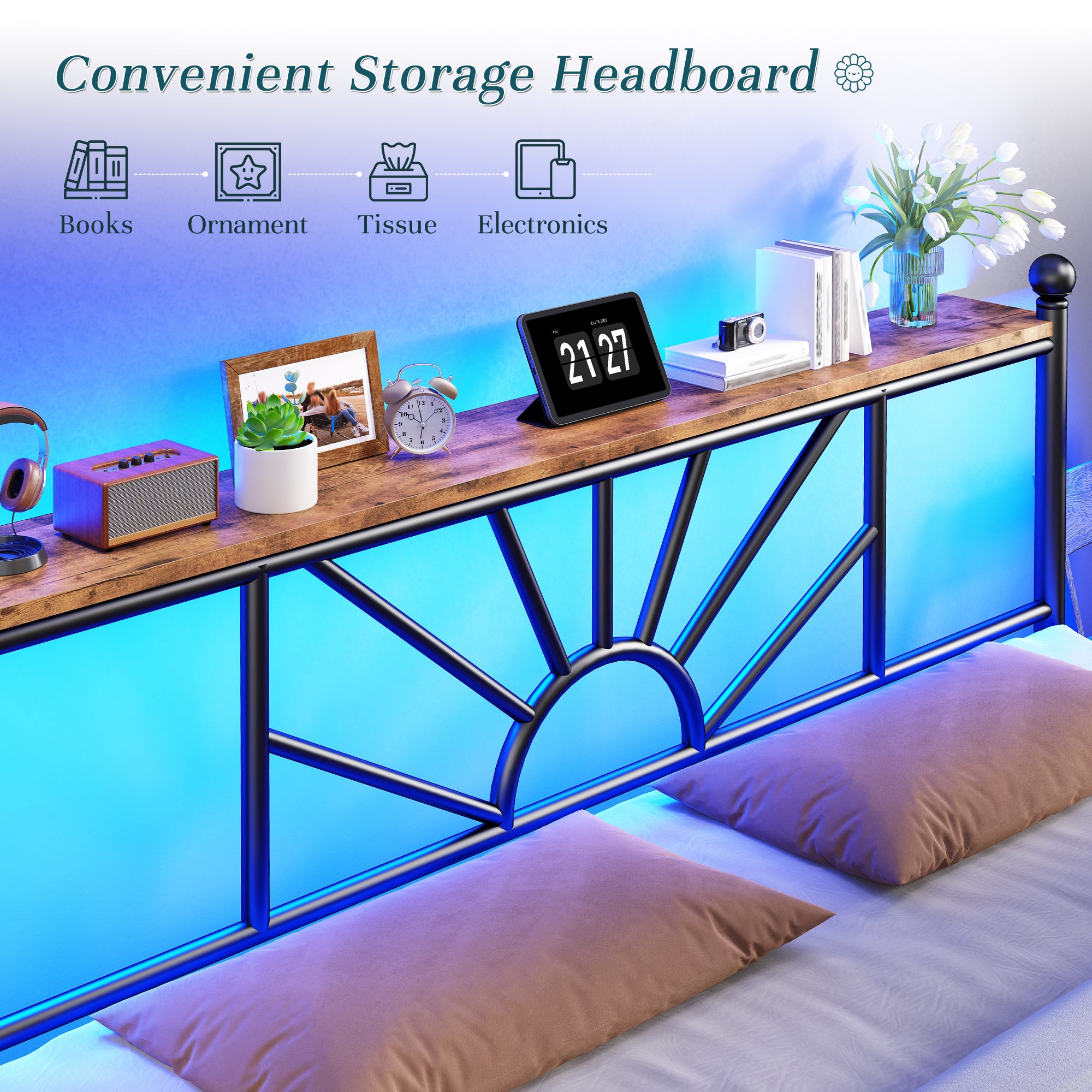 Snhomee Metal Bed Frame with LED Lights Under Headboard&Footboard - 1300LBS Capacity, Underbed Storage, No Box Spring Needed, Noise-Free Design, Back to School Beds Best Choice
