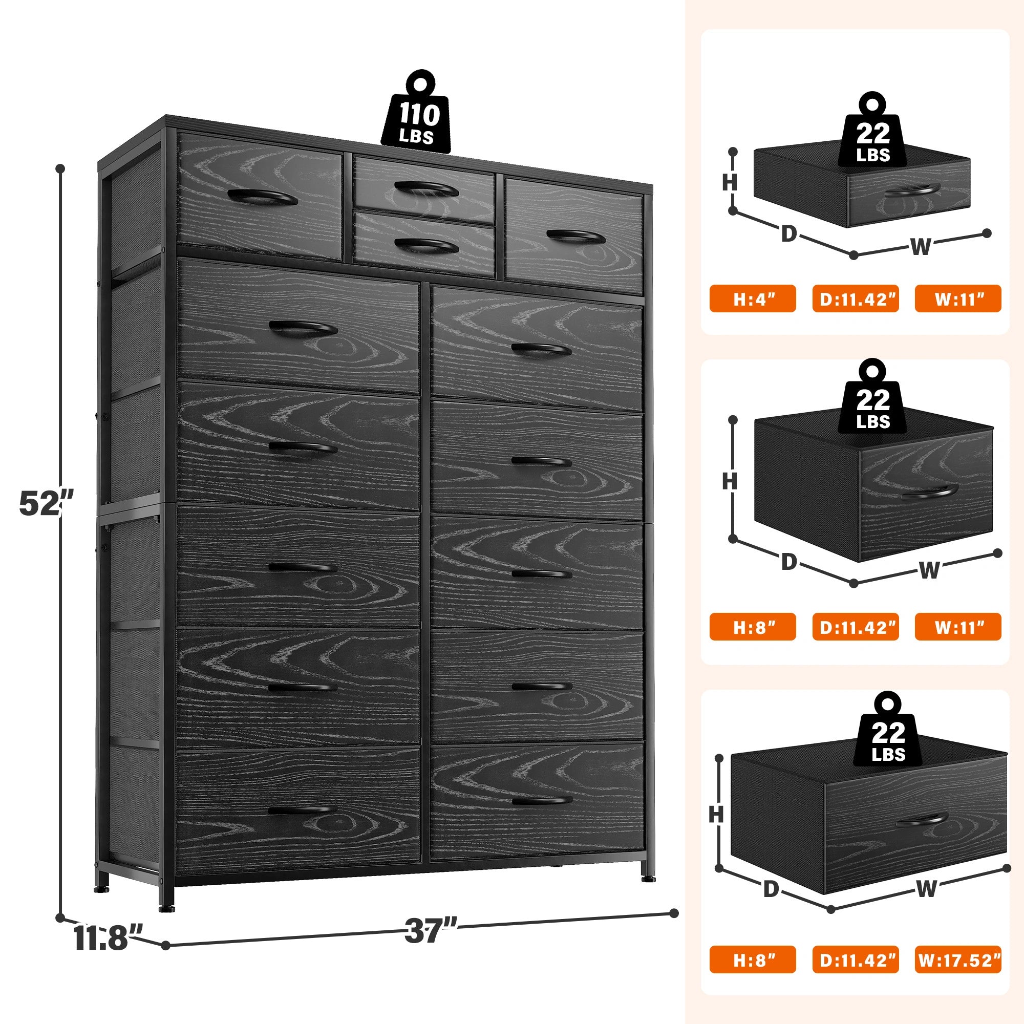 Snhomee Dresser for Bedroom with 14 Drawers, Tall Dressers for Bedroom,  Sturdy Metal Frame & Wood, Top Large Fabric Chest of Drawers, Closet, Livingroom