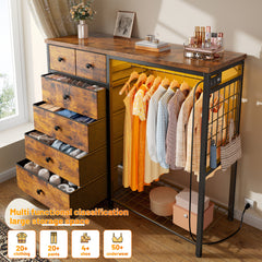 49.2" W Dresser with Hanging Rack & LED Lights - 6-Drawer Storage + Charging Station for Bedroom/Closet, Rustic Brown-Rustic Brown-snhomee