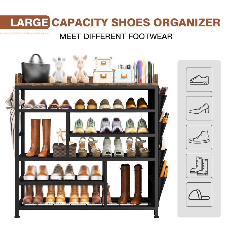 Snhomee  6 Tier Metal Shoe Rack for Entryway, Shoe Storage Organizer Holds 20-24 Pairs, Wooden Top and Side Pocket for Entry, Entrance, Hallway, Dormitory