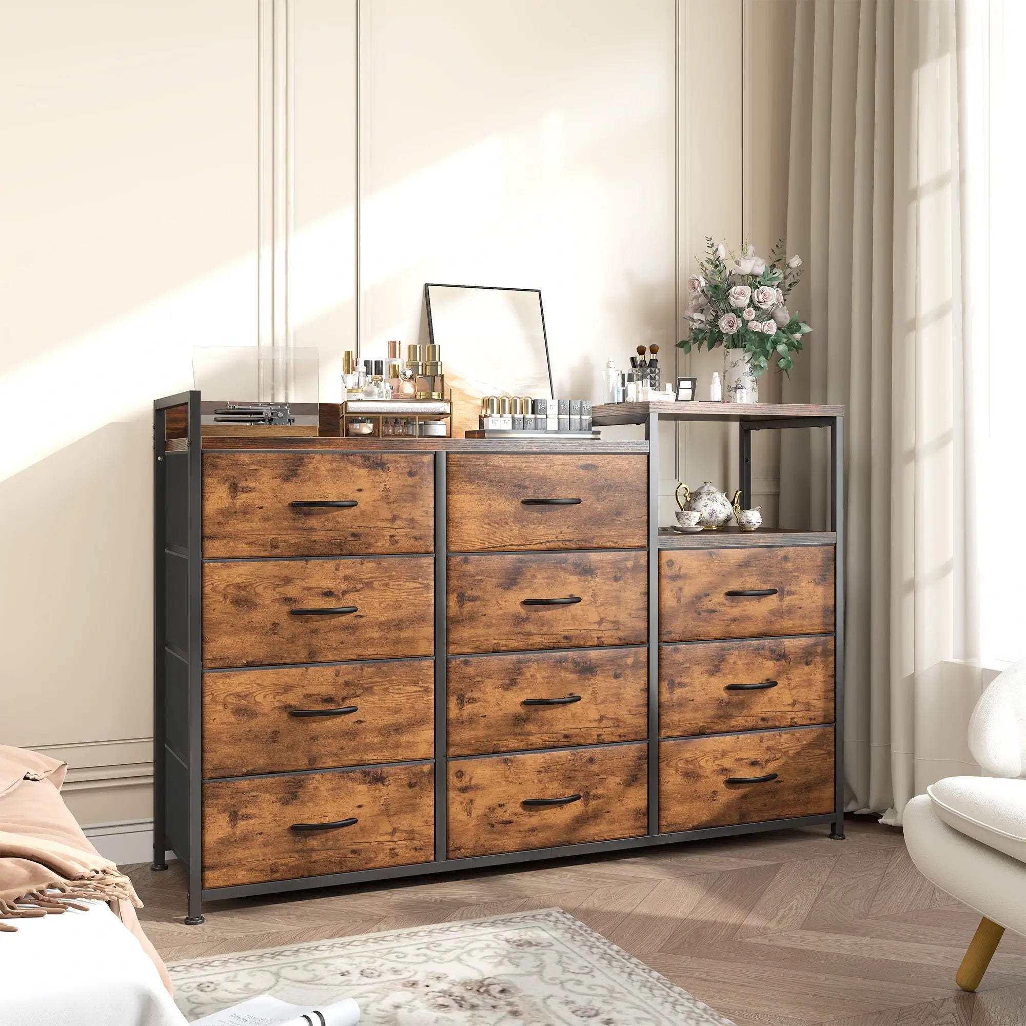 Snhomee 11-Drawer Dresser with Shelves – Wide Bedroom Storage Cabinet & TV Stand with Wood Top and Metal Frame
