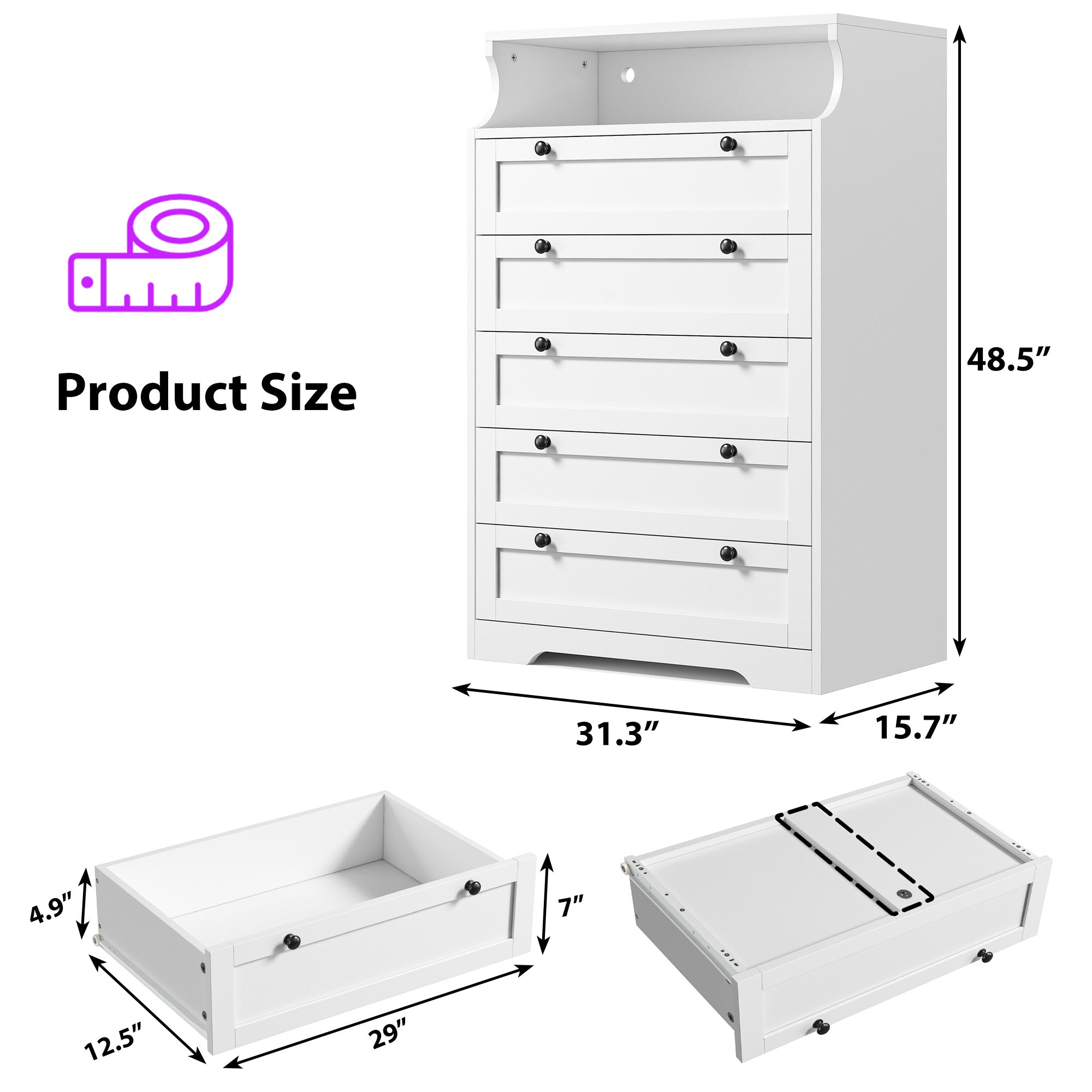 48"H 5-Drawer Wood Dresser and Chest with LED Lights for Bedroom