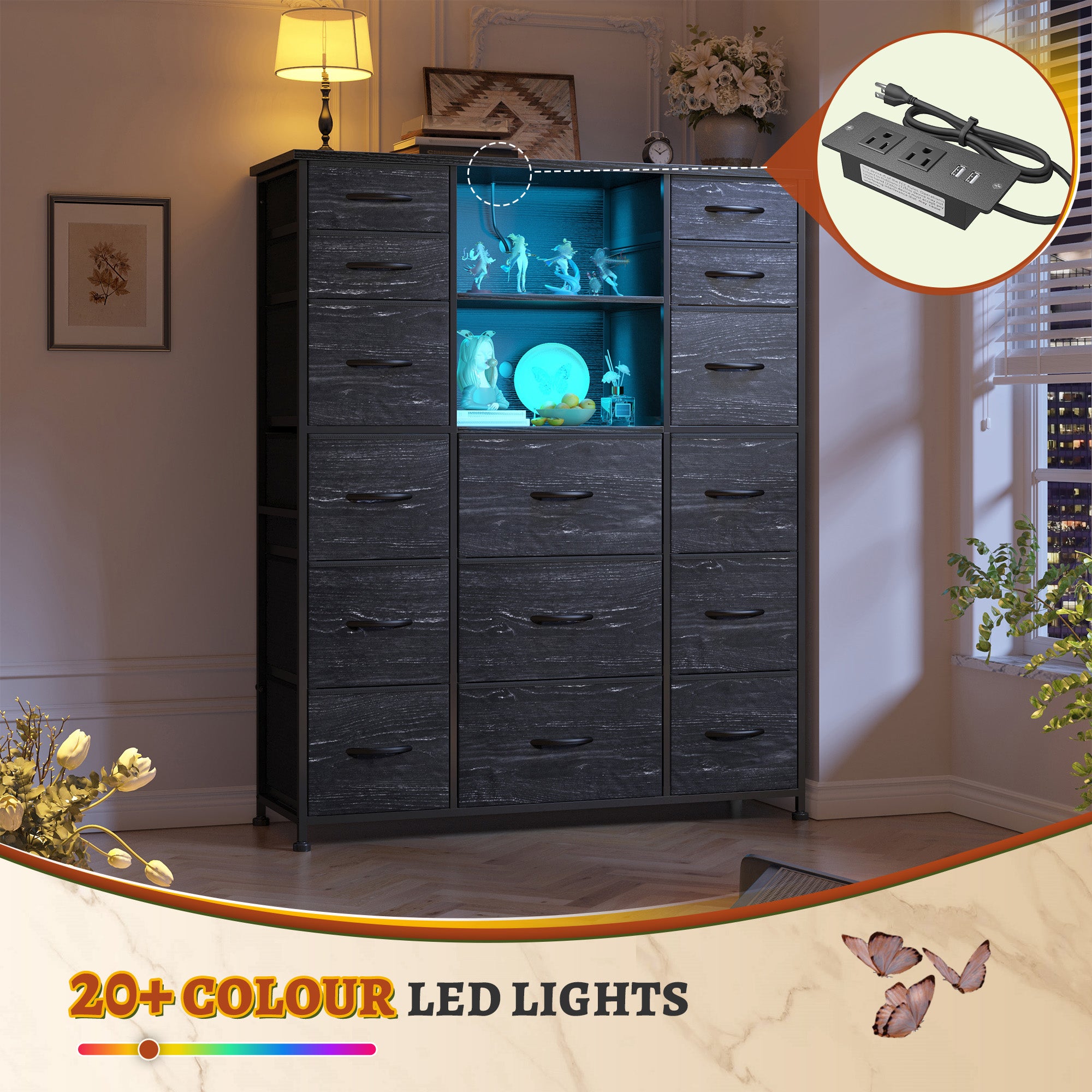 51" Tall Dresser with 15 Drawers & Charging Station | LED Lighting & Built-in Hutch | Steel Frame & Wood Top Bedroom Storage-Black-snhomee