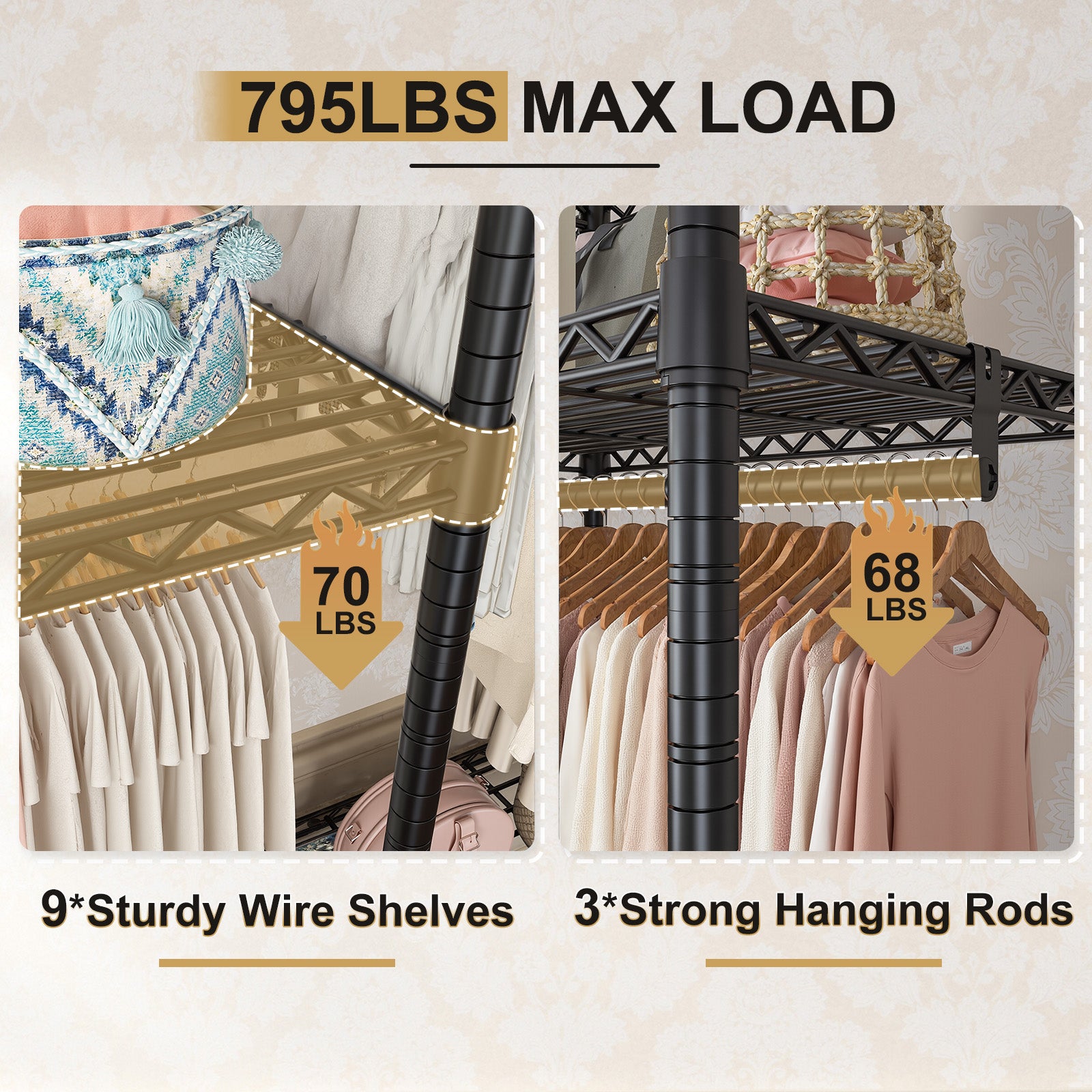 795 lb Heavy Duty Clothing Rack - Adjustable Steel Garment Rack with Shelves, Foldable Portable Storage for Retail/Home/Laundry-Home Storage > Clothes Rack-snhomee