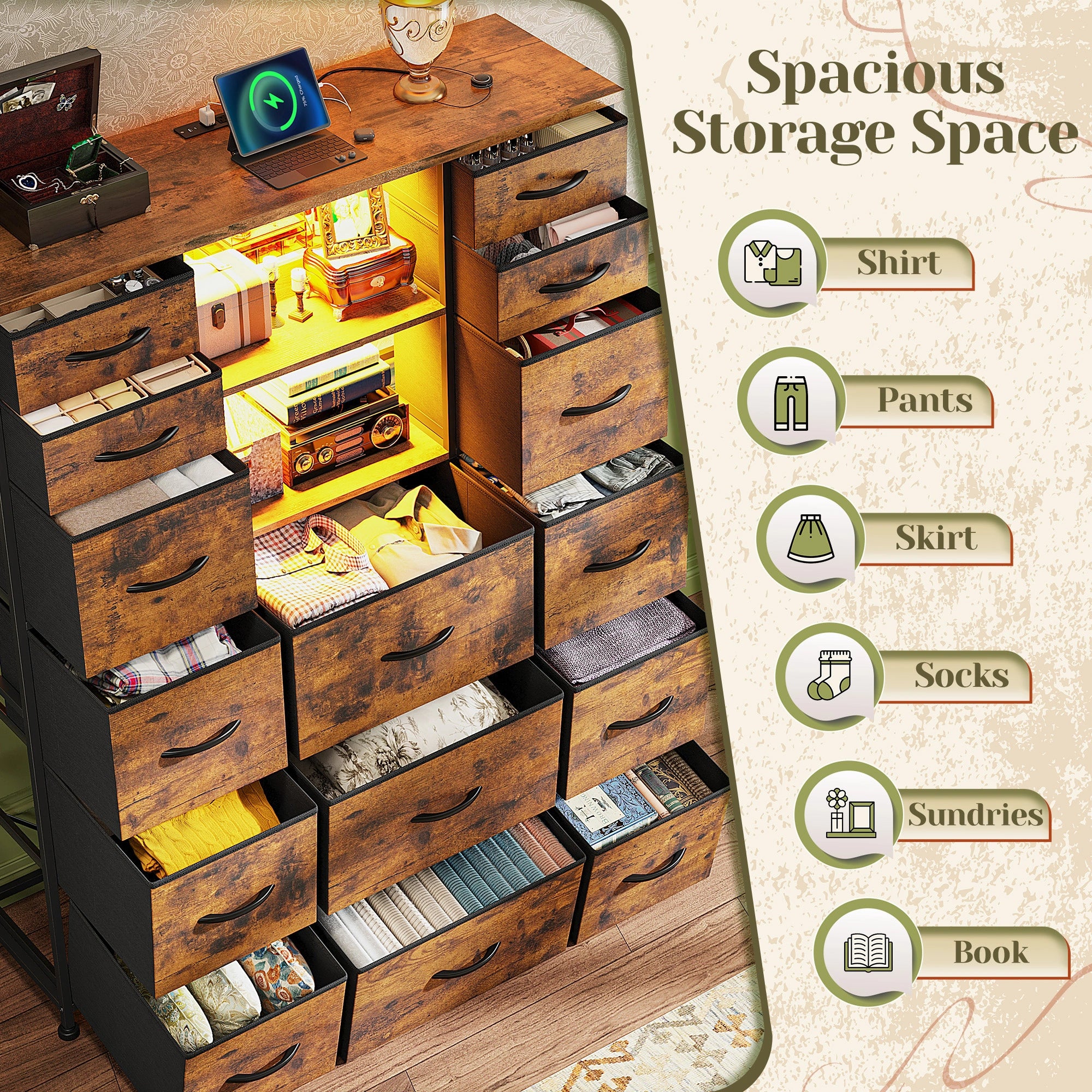 15-Drawer Smart Dresser with Charging Station & LED Lights - 51" Tall Fabric Storage Organizer, Steel Frame, Wood Shelves | No Assembly Hassle, Anti-Tip Safety, for Bedroom, Closet, Hallway