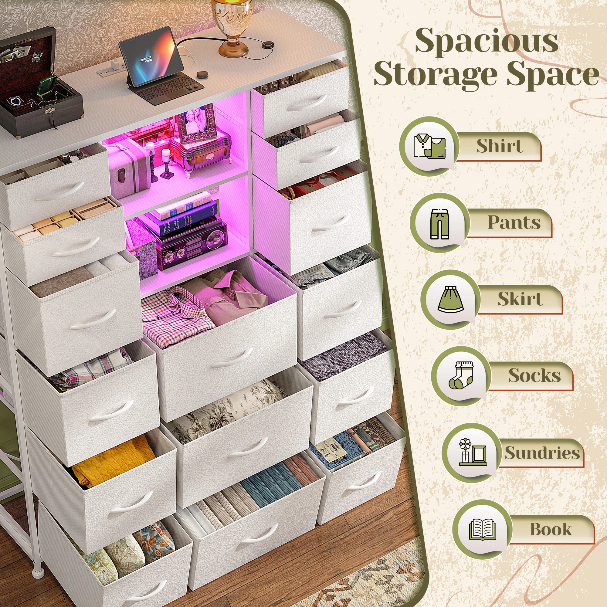 15-Drawer Smart Dresser with Charging Station & LED Lights - 51" Tall Fabric Storage Organizer, Steel Frame, Wood Shelves | No Assembly Hassle, Anti-Tip Safety, for Bedroom, Closet, Hallway