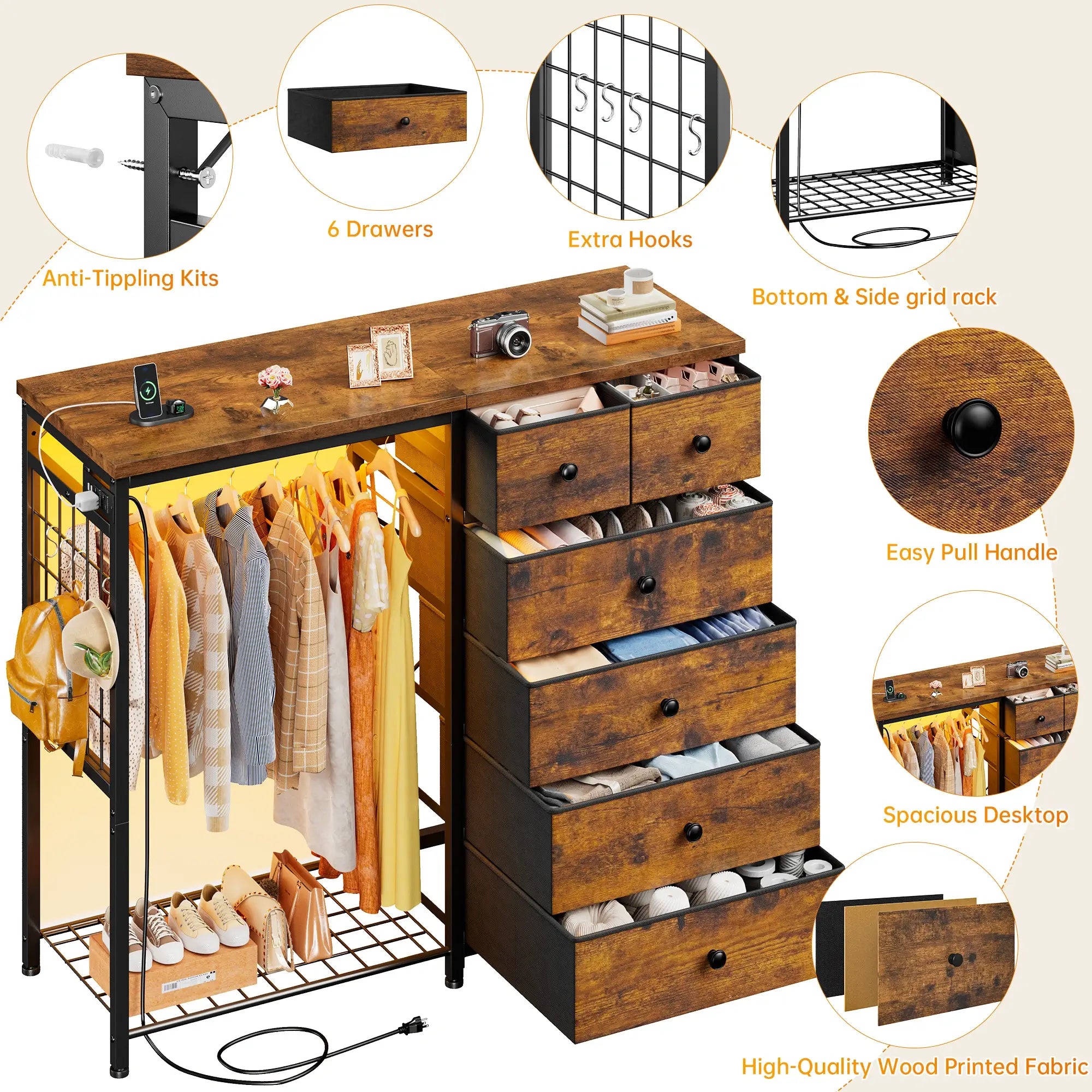 Snhomee 49.2" W Dresser with Hanging Rack & LED Lights - 6-Drawer Storage + Charging Station for Bedroom/Closet/Dorm, Rustic Brown, Space-Saving‌&Dorm Essential‌
