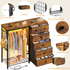 Snhomee 49.2" W Dresser with Hanging Rack & LED Lights - 6-Drawer Storage + Charging Station for Bedroom/Closet/Dorm, Rustic Brown, Space-Saving‌&Dorm Essential‌