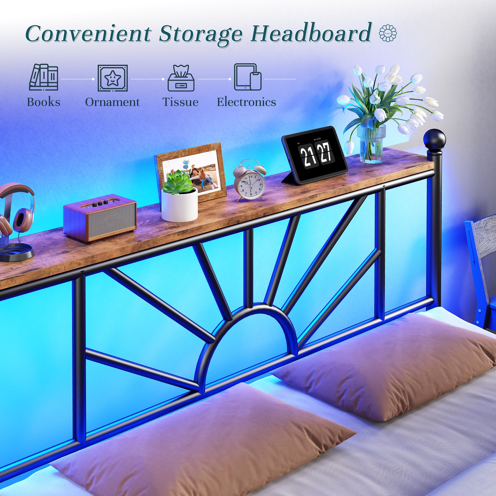 Snhomee Metal Bed Frame with LED Lights Under Headboard&Footboard - 1300LBS Capacity, Underbed Storage, No Box Spring Needed, Noise-Free Design, Back to School Beds Best Choice