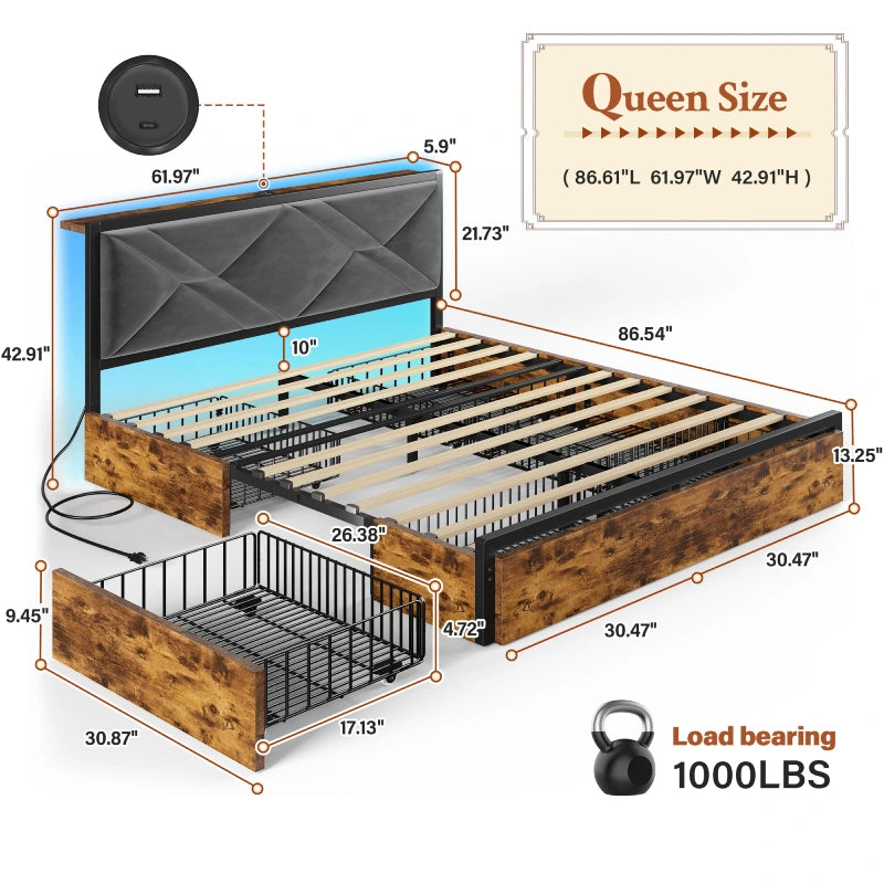 Bed Frame with Bed Frame with  and 6 Storage Drawers, Bed Frame with Upholstered Headboard Built in Charging Station,Noise-Free,Easy Assembly