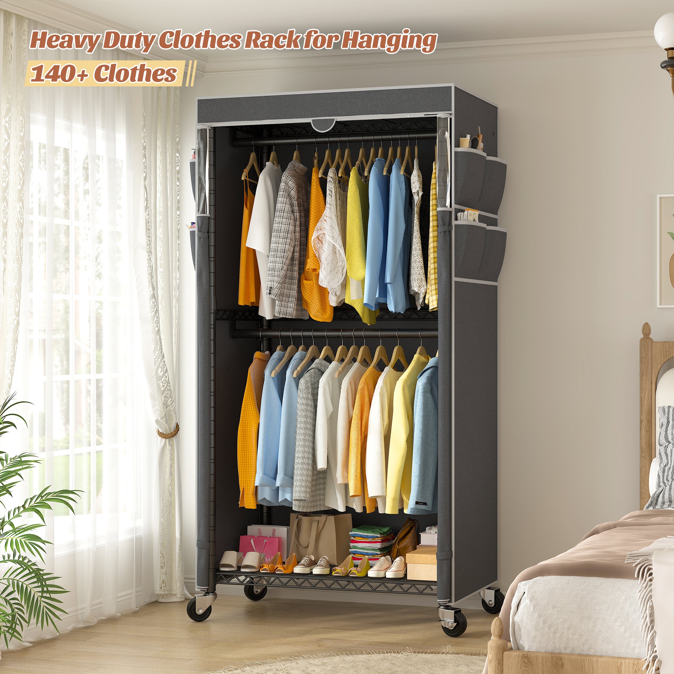 Heavy Duty Rolling Clothing Rack with Cover & Adjustable Height - Wheeled Garment Rack for Hanging Clothes, Portable Closet Organizer 35.5x15.7x79 Inches-Black-snhomee