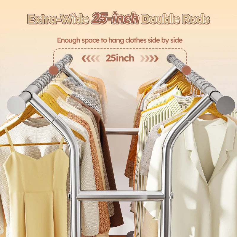 74"W Clothing Rack with Wheels, Heavy-Duty Steel Frame with Shelves, No-Wobble Design, Quick Assembly