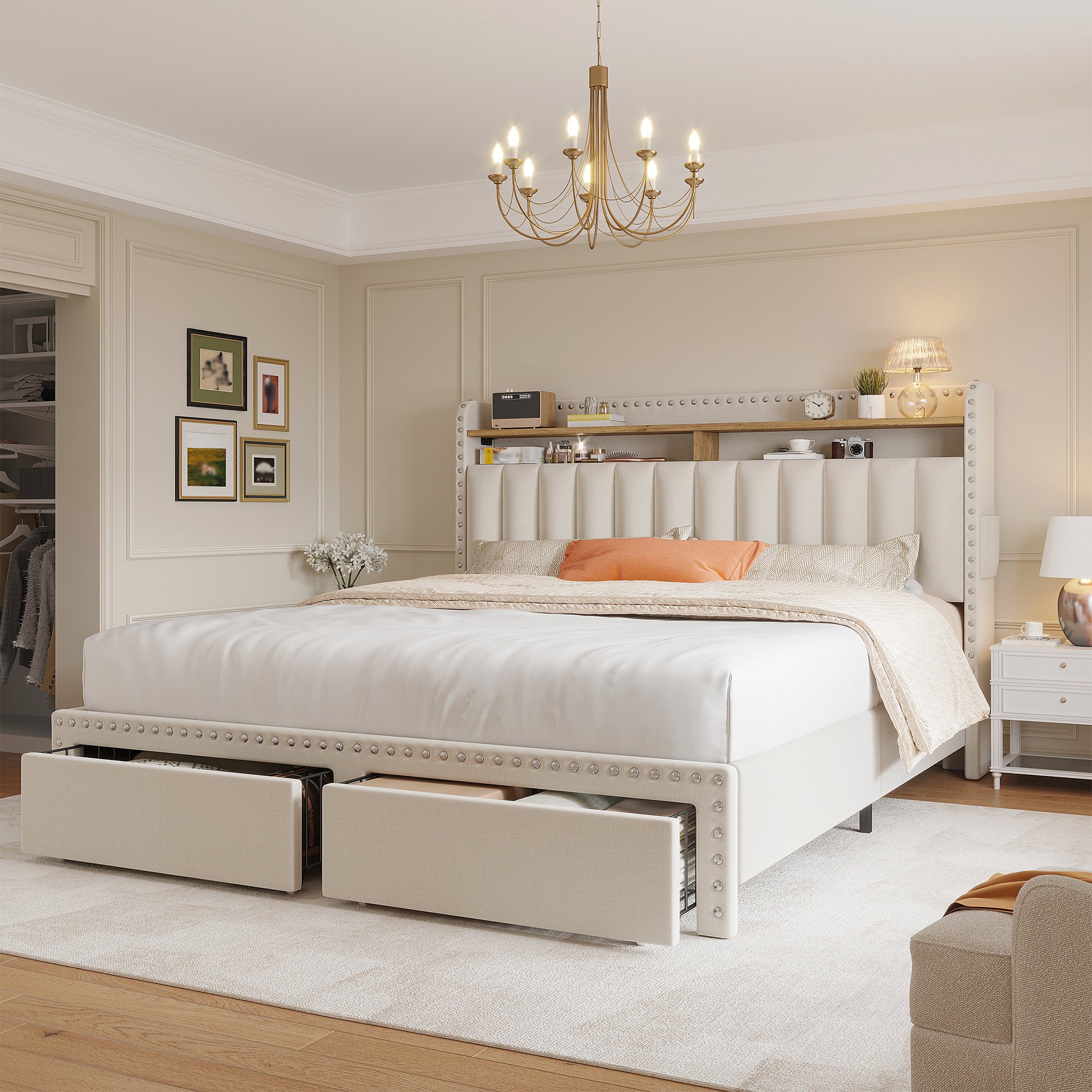 Metal Bed Frame with 2 Storage Drawers & Headboard - 900LBS Capacity, No Noise Design, Padded Platform, No Box Spring Needed, Back to School Beds On Sale