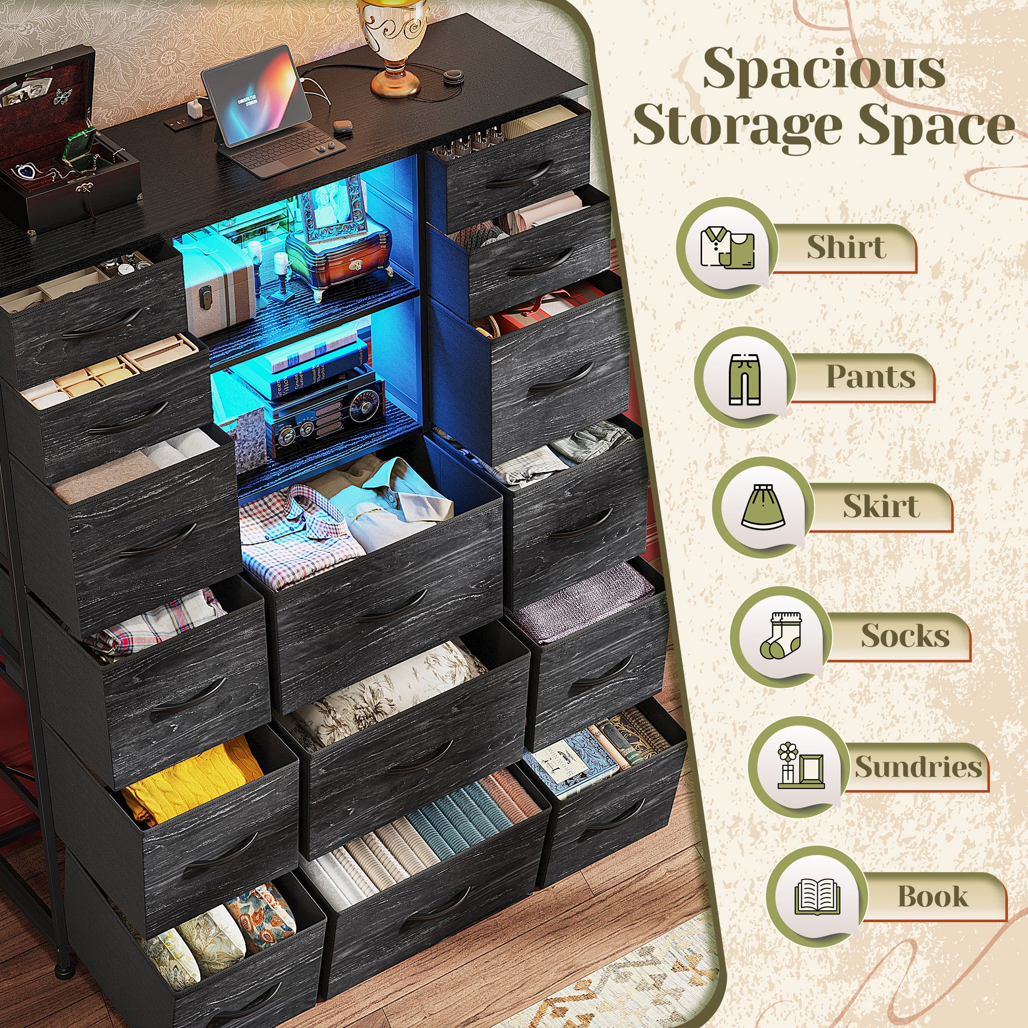 15-Drawer Smart Dresser with Charging Station & LED Lights - 51" Tall Fabric Storage Organizer, Steel Frame, Wood Shelves | No Assembly Hassle, Anti-Tip Safety, for Bedroom, Closet, Hallway