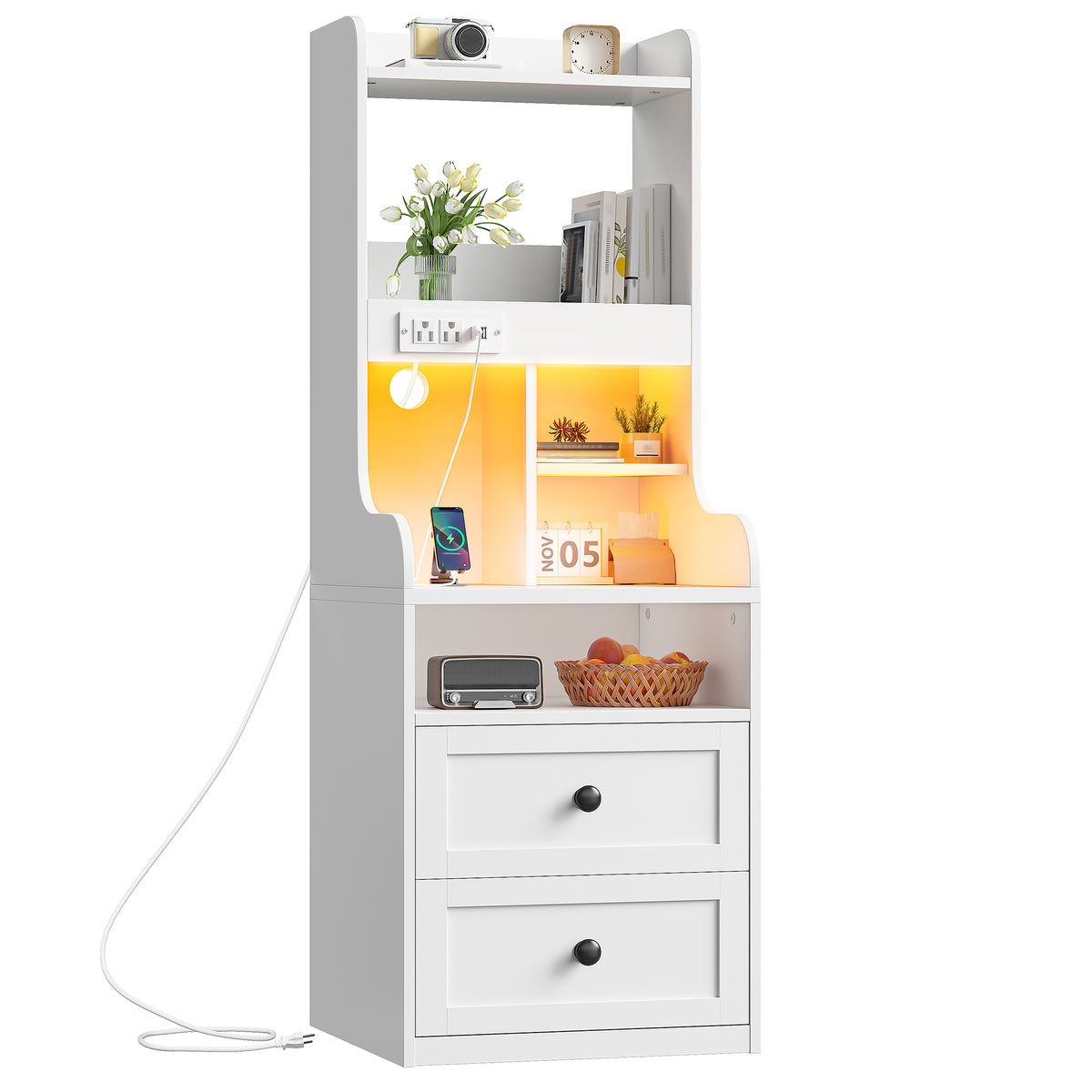 Tall White LED Nightstand with USB Charging Station & Outlets | 2 Drawers & Open Shelves Farmhouse Style Bedside Table | Wood & Metal Frame-White-snhomee