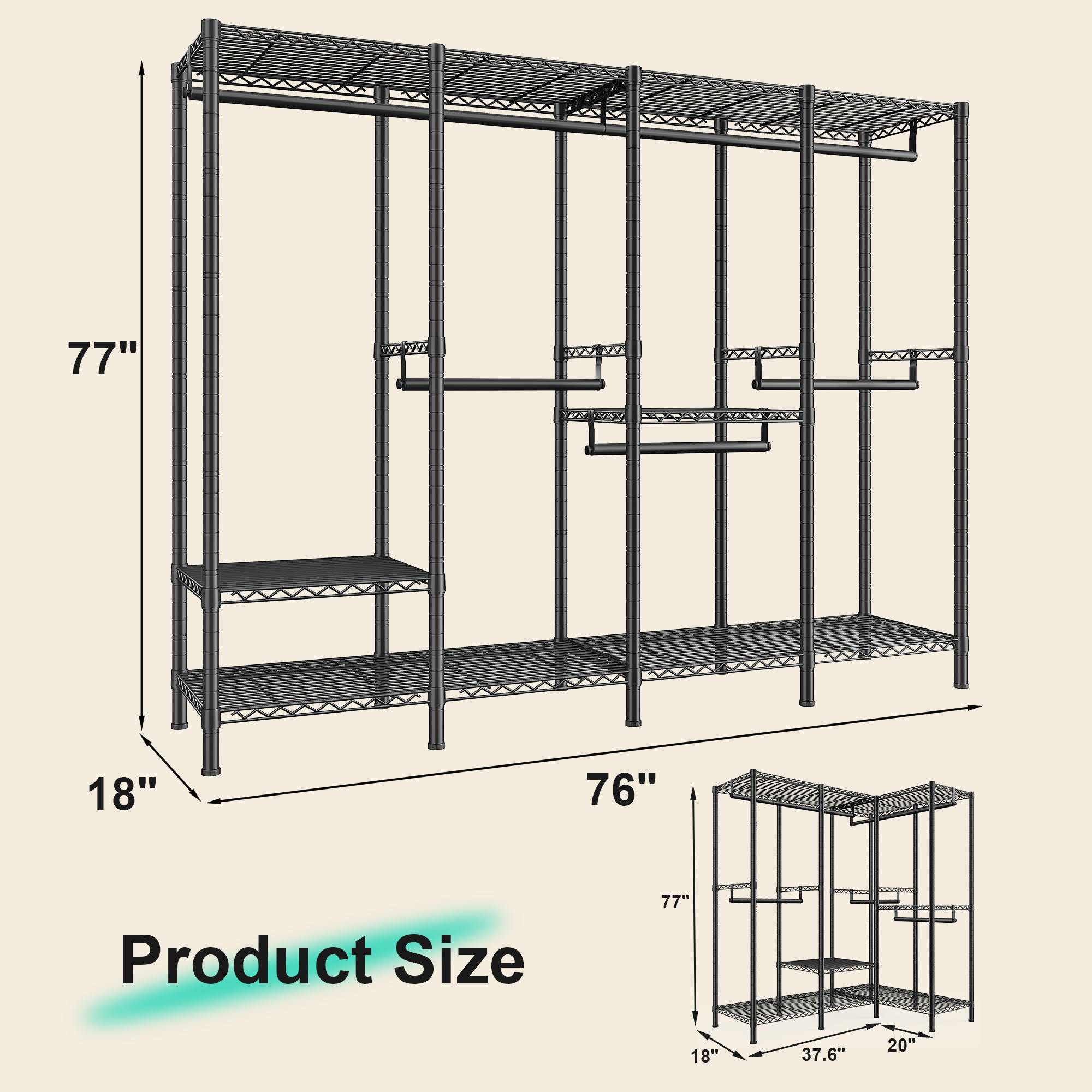Snhomee 76"W 1100LBS Heavy Duty Clothing Rack with Shelves Metal Clothes Hanger Rack for Hanging Clothes-Home Storage > Clothes Rack-Black-snhomee