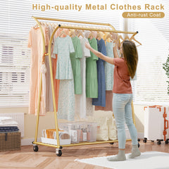 Double Rod Clothes Hanger Rack, Metal Rolling Clothing Rack With Wheels, 52"W x 20"D x (63"-69")H, Gold/Black-Gold-snhomee