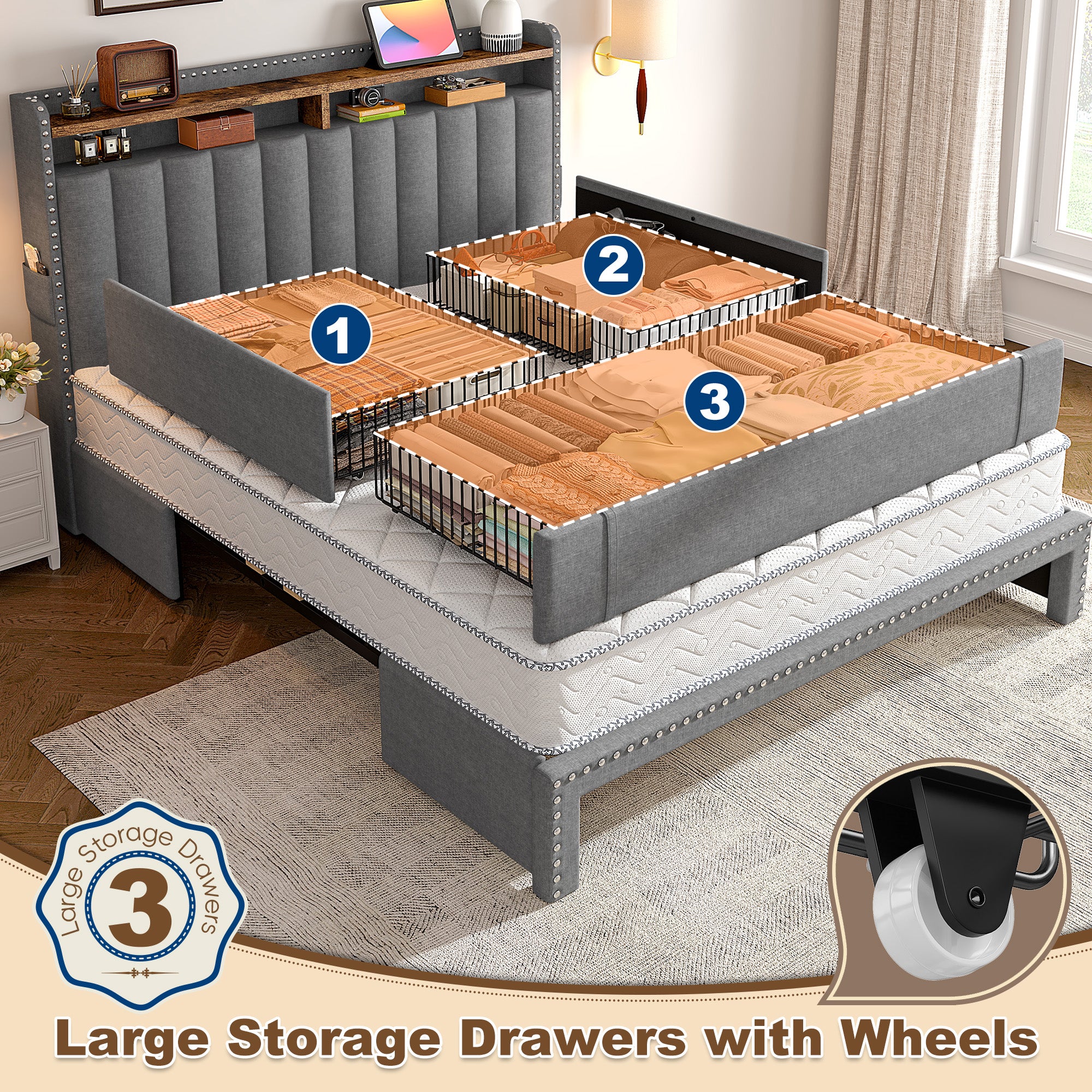 Snhomee Heavy Duty Platform Bed Frame with Storage Drawers - Silent 1200LB Capacity, No Box Spring Needed, Upholstered Headboard