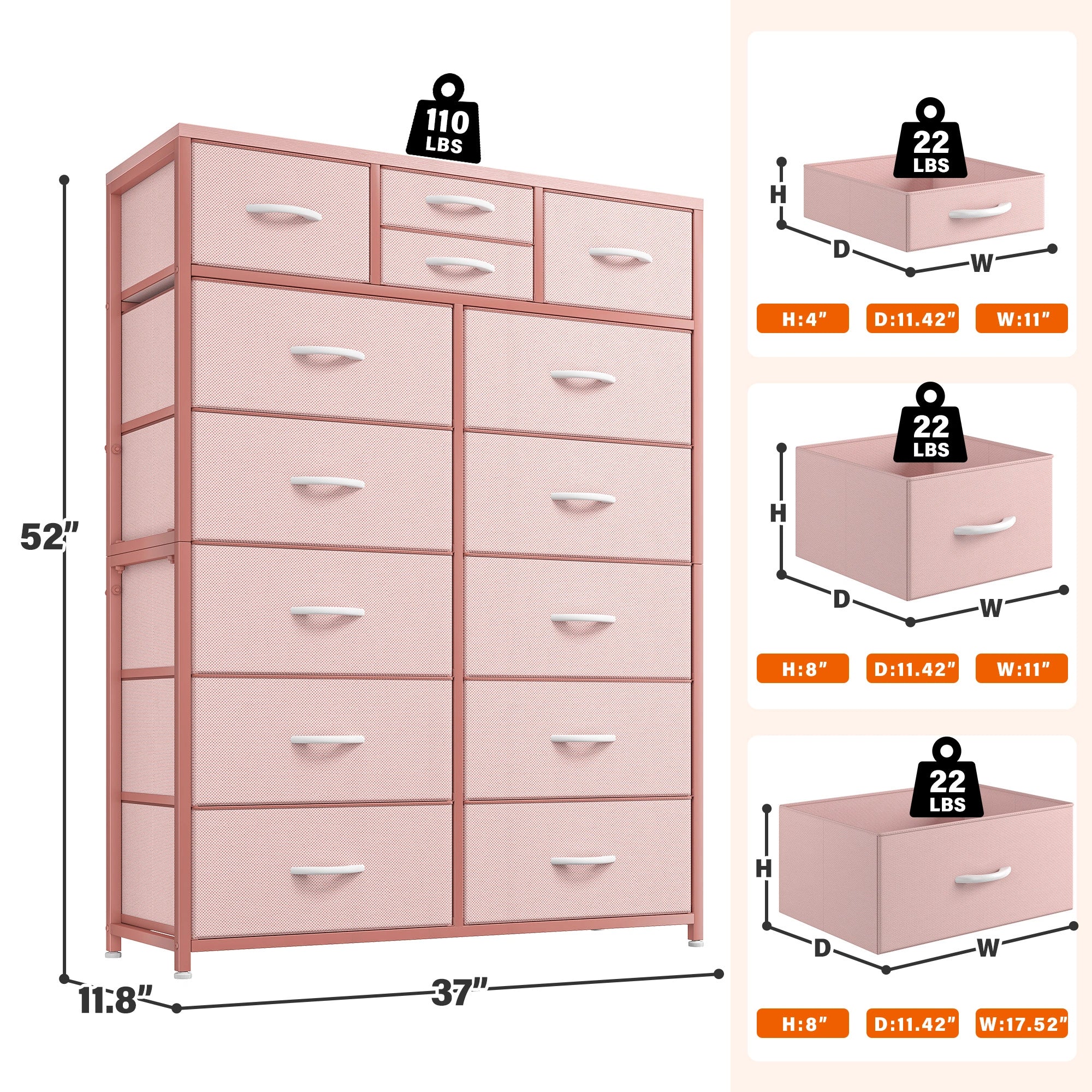Snhomee Dresser for Bedroom with 14 Drawers, Tall Dressers for Bedroom,  Sturdy Metal Frame & Wood, Top Large Fabric Chest of Drawers, Closet, Livingroom