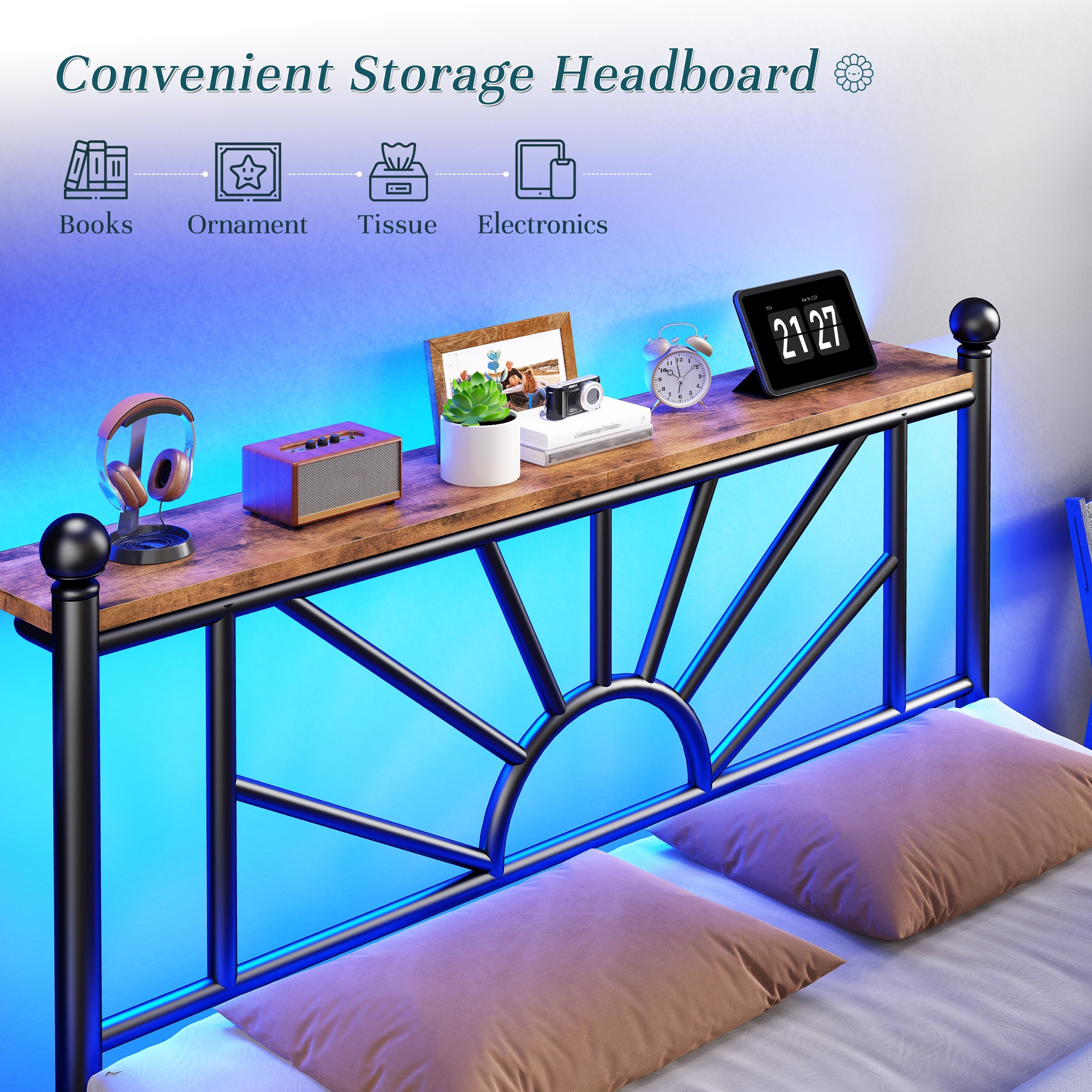 Snhomee Metal Bed Frame with LED Lights Under Headboard&Footboard - 1300LBS Capacity, Underbed Storage, No Box Spring Needed, Noise-Free Design, Back to School Beds Best Choice