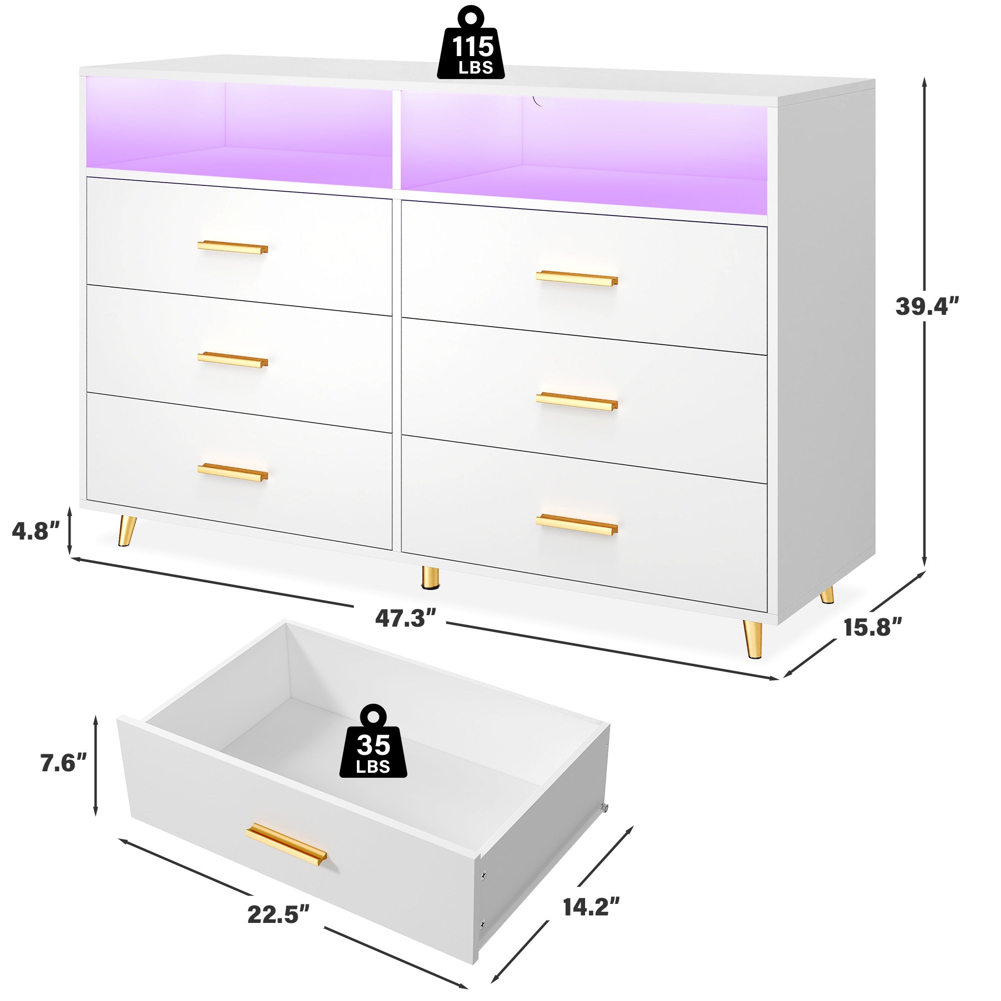 6 Drawers Dresser with LED Lights, Large TV Stand, 2 Open Shelves Top, 47"W Modern Chest with Anti-Tip Safety for Bedroom, Living Room & Small Spaces