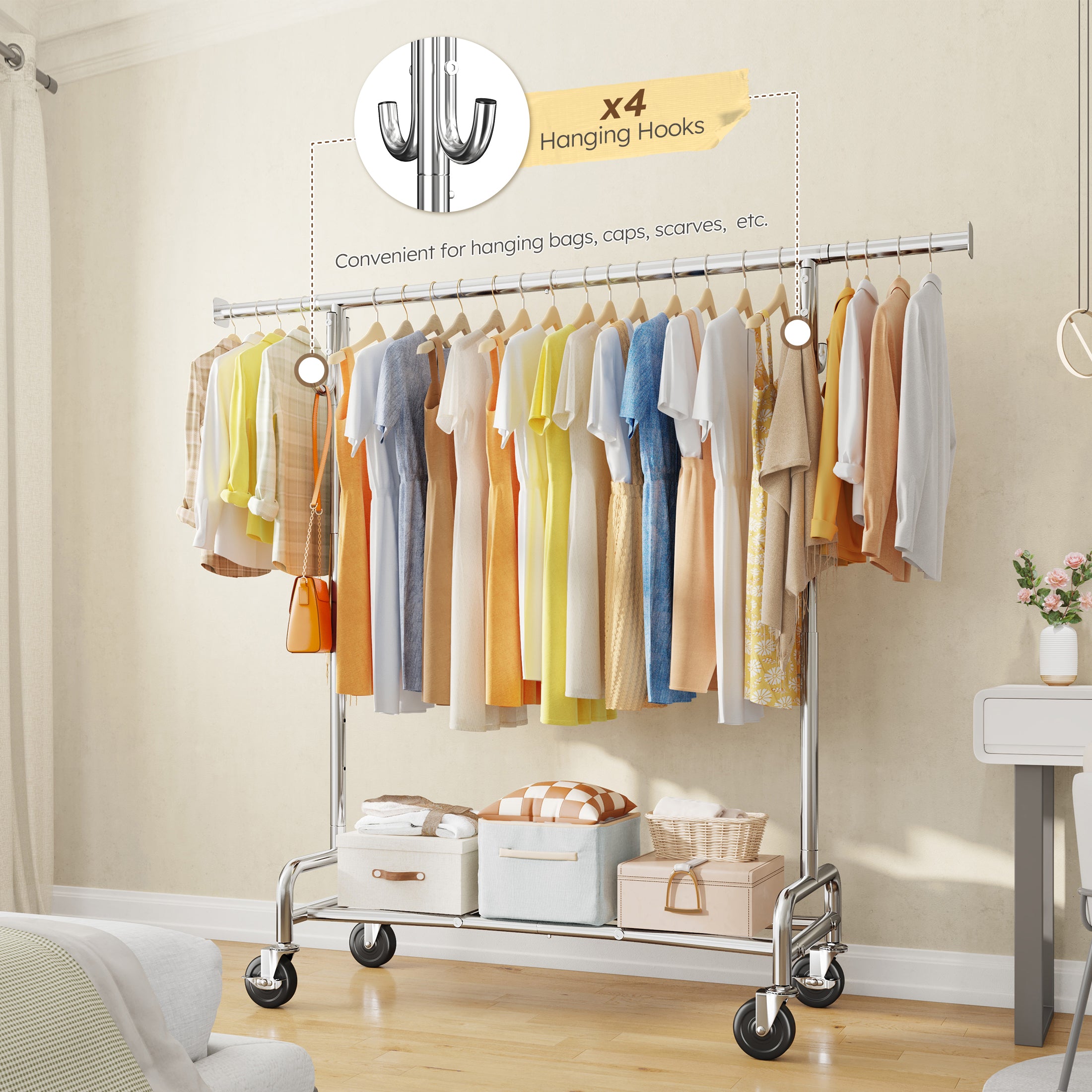 Rolling Clothes Rack with Shelf, Adjustable Clothes Rack with Bottom Shelf & 4 Hooks for Hanging