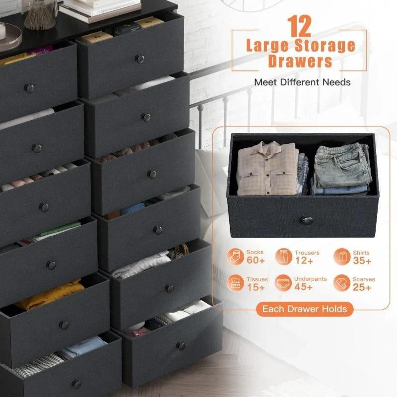 Tall Dresser for Bedroom with 12 Drawers, Wooden Top and Metal Frame, Fabric Bedroom Dressers & Chests of Drawers, Dark Grey-Furniture > Dresser-snhomee