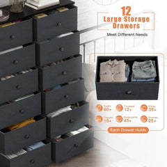 Tall Dresser for Bedroom with 12 Drawers, Wooden Top and Metal Frame, Fabric Bedroom Dressers & Chests of Drawers, Dark Grey-Furniture > Dresser-snhomee