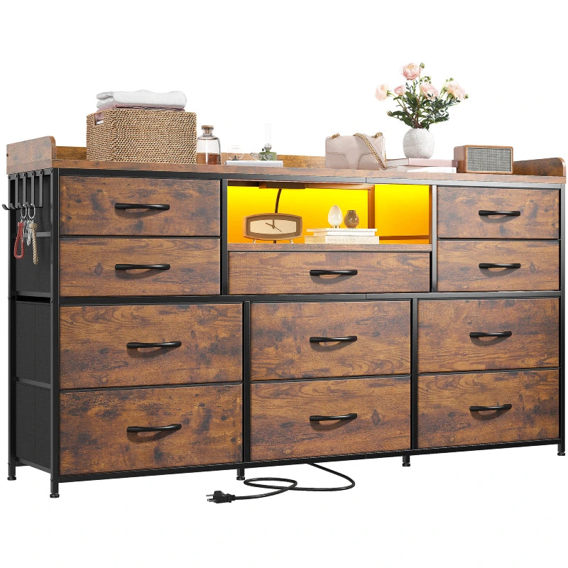 Snhomee ‌60" Dresser TV Stand w/11 Drawers | LED Lights, Power Outlets & Hooks | Sturdy Metal Frame & Wood Top