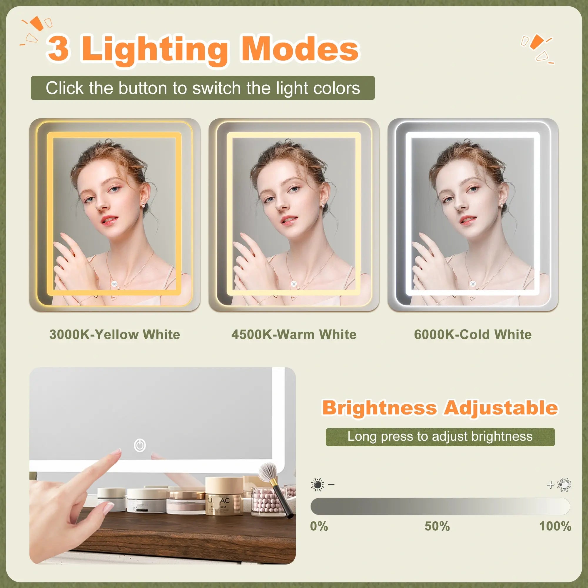 3 modes adjustable brightness of Farmhouse Makeup Vanity Desk with LED Mirror & RGB Cabinets – Storaging with Drawers & Shelves, Ideal for Organizing Seasonal Skincare in Bedroom or Dressing Room