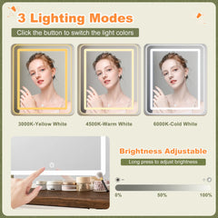 3 modes adjustable brightness of Farmhouse Makeup Vanity Desk with LED Mirror & RGB Cabinets – Storaging with Drawers & Shelves, Ideal for Organizing Seasonal Skincare in Bedroom or Dressing Room