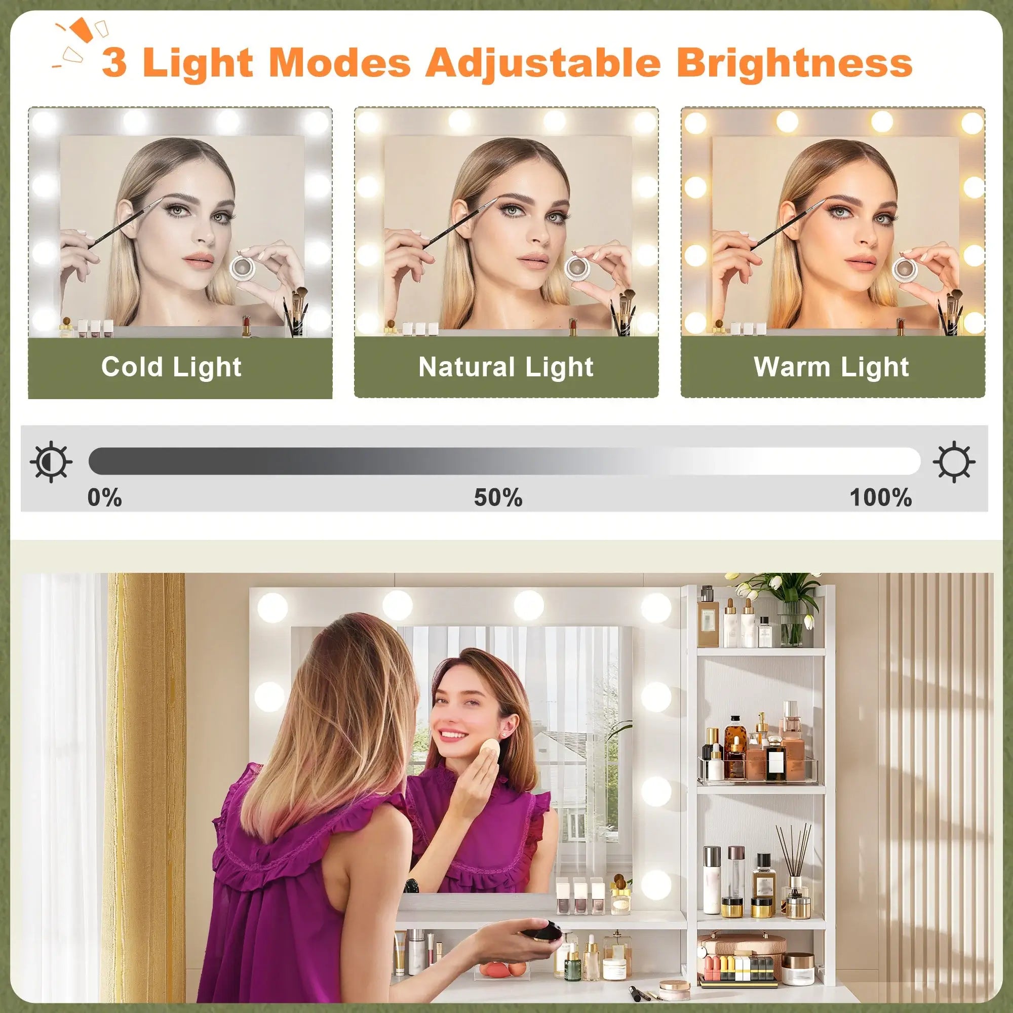 3 modes adjustable brightness of enhomee modern vanity desk with lights and drawers