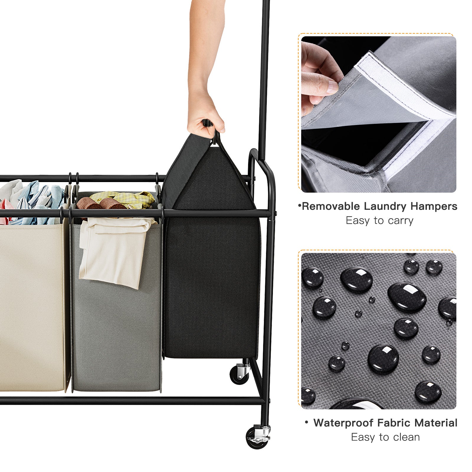 Snhomee 200L Rolling Laundry Sorter with Hanging Bar & 3 Bags - Wheeled Hamper Organizer