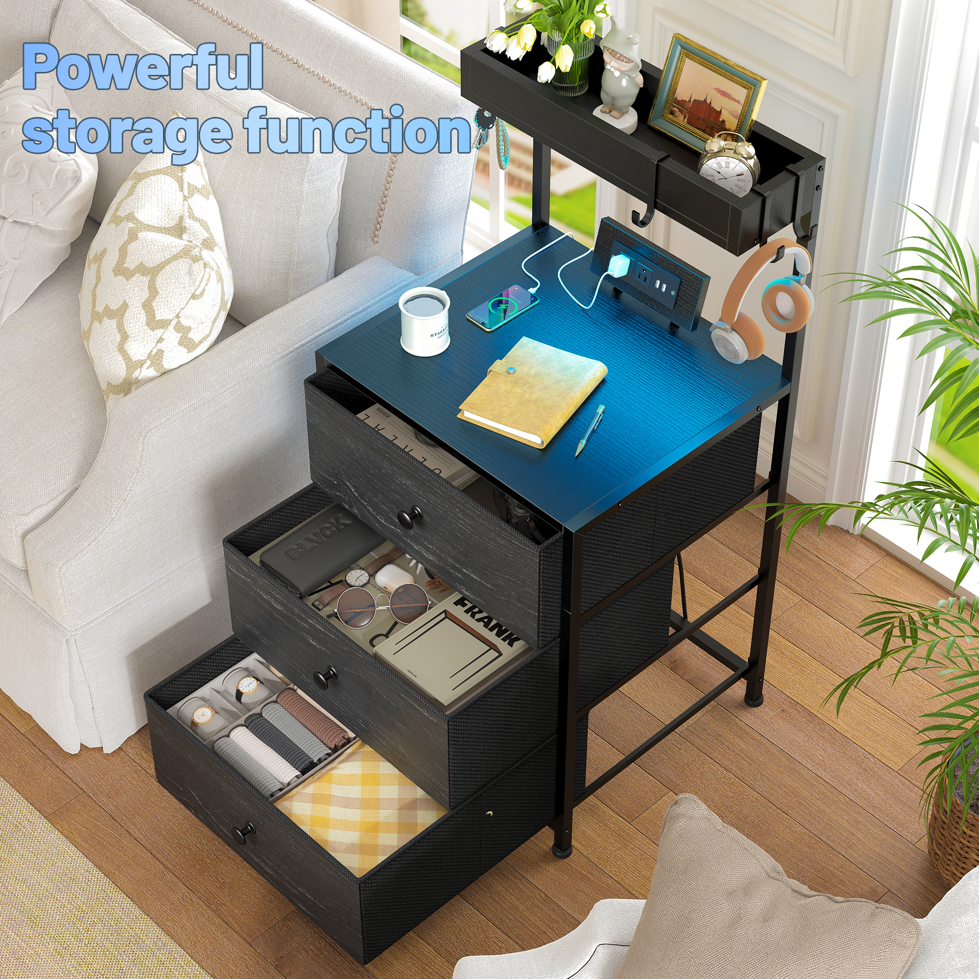 ‌Tall LED Nightstand with Charging Station & 3-Drawer Shelves | Bedside Table with USB/AC Outlets & 4 Hooks-Black-snhomee