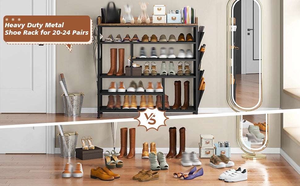 Snhomee  6 Tier Metal Shoe Rack for Entryway, Shoe Storage Organizer Holds 20-24 Pairs, Wooden Top and Side Pocket for Entry, Entrance, Hallway, Dormitory