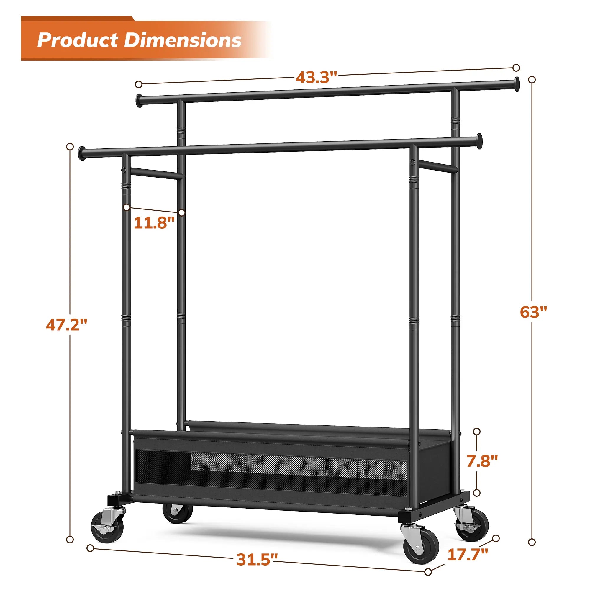 Measuring 43.3"W × 17.71"D × 63"H, this compact clothing rack fits easily in bedrooms, apartments, dorms, entryways, and narrow closets.