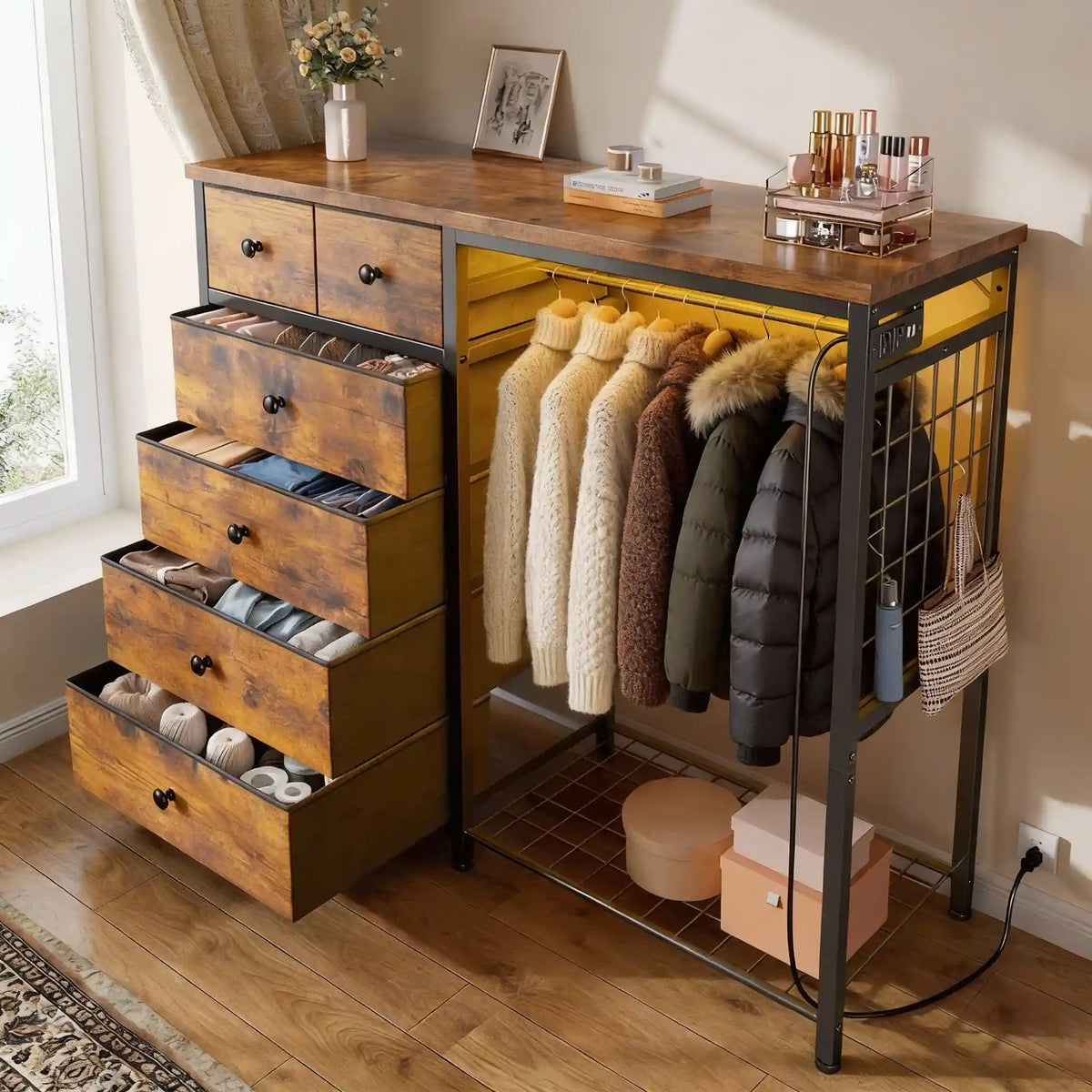 Snhomee 49.2"W Dresser with Hanging Rack & LED Lights - 6-Drawer Storage + Charging Station, Space-Saving‌&Dorm Essential‌，Small Dresser for Bedroom/Closet/Dorm