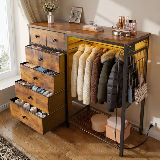 Snhomee 49.2"W Dresser with Hanging Rack & LED Lights - 6-Drawer Storage + Charging Station, Space-Saving‌&Dorm Essential‌，Small Dresser for Bedroom/Closet/Dorm 2048