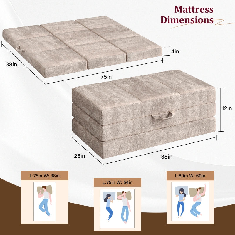 Snhomee Foldable Mattress, Trifold Mattress for Sofa Bed  & Guest Bed , Versatile Folding Solution with Handle, Portable Floor Mat for Living Room, Yoga, Camping