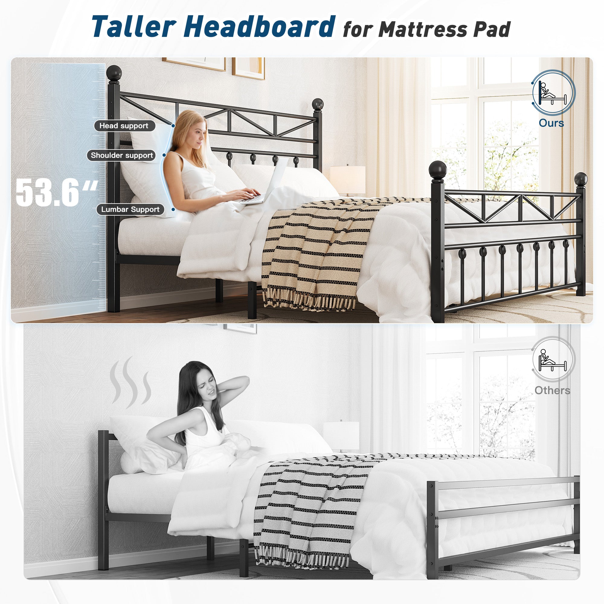 LED Metal Bed Frame with Tall Headboard & Footboard, Vintage Industrial Bed, Under Bed Storage & No Box Spring Needed, Noise-Free Design for Modern & Farmhouse Bedrooms