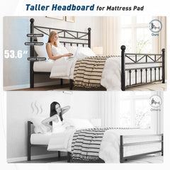 LED Metal Bed Frame with Tall Headboard & Footboard, Vintage Industrial Bed, Under Bed Storage & No Box Spring Needed, Noise-Free Design for Modern & Farmhouse Bedrooms