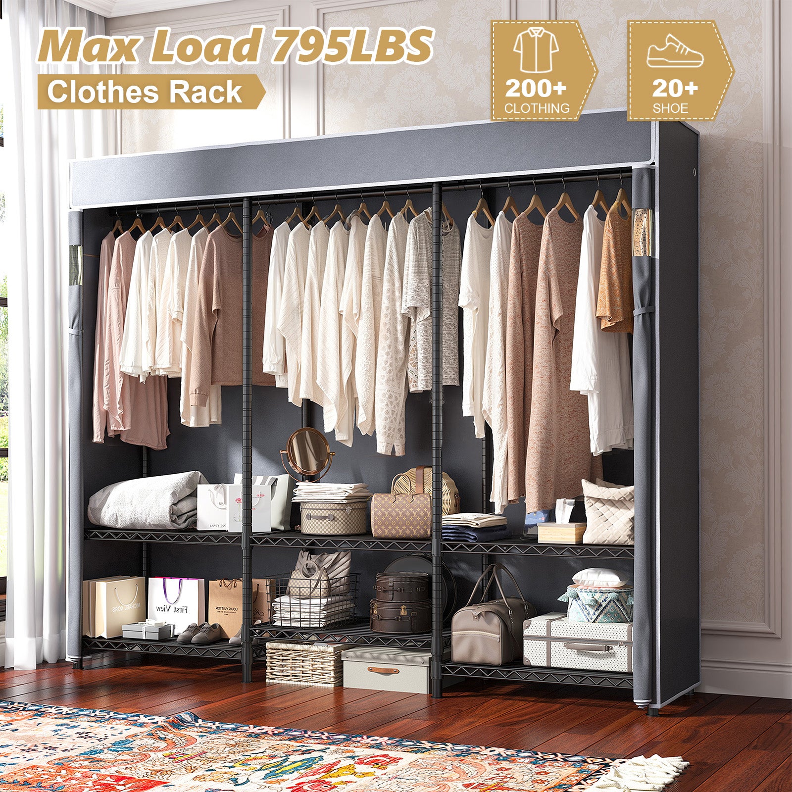 Snhomee Clothing Rack with Cover 800LBS Heavy Duty Clothes Rack Freestanding Closet for Bedroom-Home Storage > Clothes Rack-snhomee